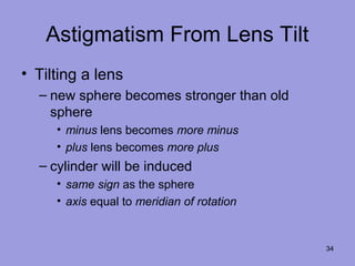 34
Astigmatism From Lens Tilt
• Tilting a lens
– new sphere becomes stronger than old
sphere
• minus lens becomes more minus
• plus lens becomes more plus
– cylinder will be induced
• same sign as the sphere
• axis equal to meridian of rotation
 