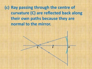 (c) Ray passing through the centre of
curvature (C) are reflected back along
their own paths because they are
normal to the mirror.

C

F

P

 