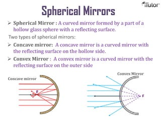 Spherical Mirrors
 Spherical Mirror : A curved mirror formed by a part of a
hollow glass sphere with a reflecting surface.
Two types of spherical mirrors:
 Concave mirror: A concave mirror is a curved mirror with
the reflecting surface on the hollow side.
 Convex Mirror : A convex mirror is a curved mirror with the
reflecting surface on the outer side
Convex Mirror
Concave mirror
F
F
 