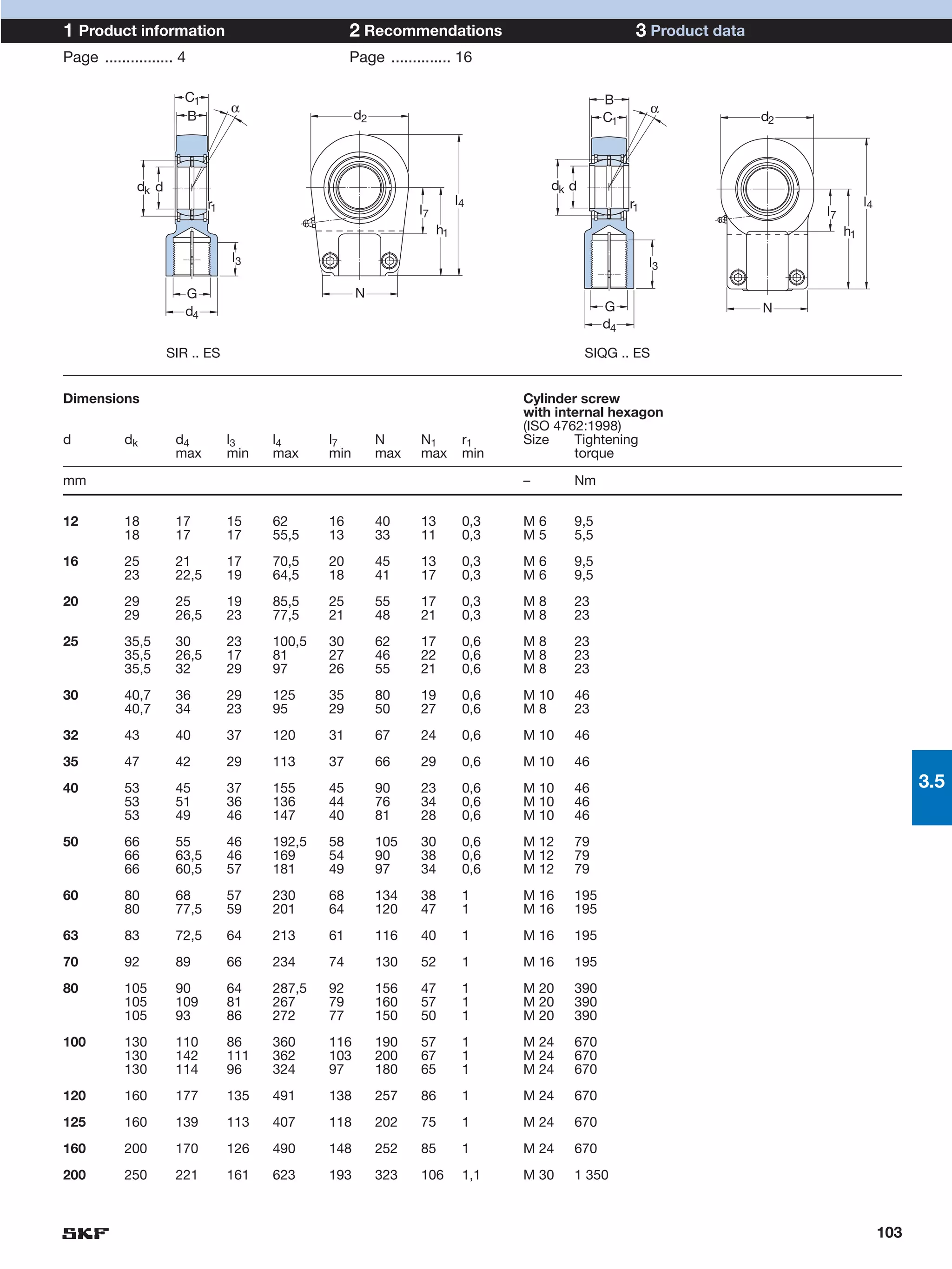 1 Product information                               2 Recommendations                                3 Product data
Page ................ 4                             Page .............. 16

                       C1                                                                      B
                                 α                                                                        α
                       B                             d2                                        C1                     d2




             dk d                                                                     dk d
                            r1                                            l4                        r1                               l4
                                                                l7                                                         l7
                                                                     h1                                                         h1
                                 l3                                                                      l3

                       G                             N
                       d4                                                                      G                      N
                                                                                               d4

                    SIR .. ES                                                                SIQG .. ES


Dimensions                                                                       Cylinder screw
                                                                                 with internal hexagon
                                                                                 (ISO 4762:1998)
d          dk        d4          l3    l4      l7         N     N1         r1    Size    Tightening
                     max         min   max     min        max   max        min           torque

mm                                                                               –       Nm


12         18        17          15    62      16         40    13         0,3   M6      9,5
           18        17          17    55,5    13         33    11         0,3   M5      5,5
16         25        21          17    70,5    20         45    13         0,3   M6      9,5
           23        22,5        19    64,5    18         41    17         0,3   M6      9,5
20         29        25          19    85,5    25         55    17         0,3   M8      23
           29        26,5        23    77,5    21         48    21         0,3   M8      23
25         35,5      30          23    100,5   30         62    17         0,6   M8      23
           35,5      26,5        17    81      27         46    22         0,6   M8      23
           35,5      32          29    97      26         55    21         0,6   M8      23
30         40,7      36          29    125     35         80    19         0,6   M 10    46
           40,7      34          23    95      29         50    27         0,6   M8      23
32         43        40          37    120     31         67    24         0,6   M 10    46
35         47        42          29    113     37         66    29         0,6   M 10    46
40         53        45          37    155     45         90    23         0,6   M 10    46                                                     3.5
           53        51          36    136     44         76    34         0,6   M 10    46
           53        49          46    147     40         81    28         0,6   M 10    46
50         66        55          46    192,5   58         105   30         0,6   M 12    79
           66        63,5        46    169     54         90    38         0,6   M 12    79
           66        60,5        57    181     49         97    34         0,6   M 12    79
60         80        68          57    230     68         134   38         1     M 16    195
           80        77,5        59    201     64         120   47         1     M 16    195
63         83        72,5        64    213     61         116   40         1     M 16    195
70         92        89          66    234     74         130   52         1     M 16    195
80         105       90          64    287,5   92         156   47         1     M 20    390
           105       109         81    267     79         160   57         1     M 20    390
           105       93          86    272     77         150   50         1     M 20    390
100        130       110         86    360     116        190   57         1     M 24    670
           130       142         111   362     103        200   67         1     M 24    670
           130       114         96    324     97         180   65         1     M 24    670
120        160       177         135   491     138        257   86         1     M 24    670
125        160       139         113   407     118        202   75         1     M 24    670
160        200       170         126   490     148        252   85         1     M 24    670
200        250       221         161   623     193        323   106        1,1   M 30    1 350



                                                                                                                                          103
 