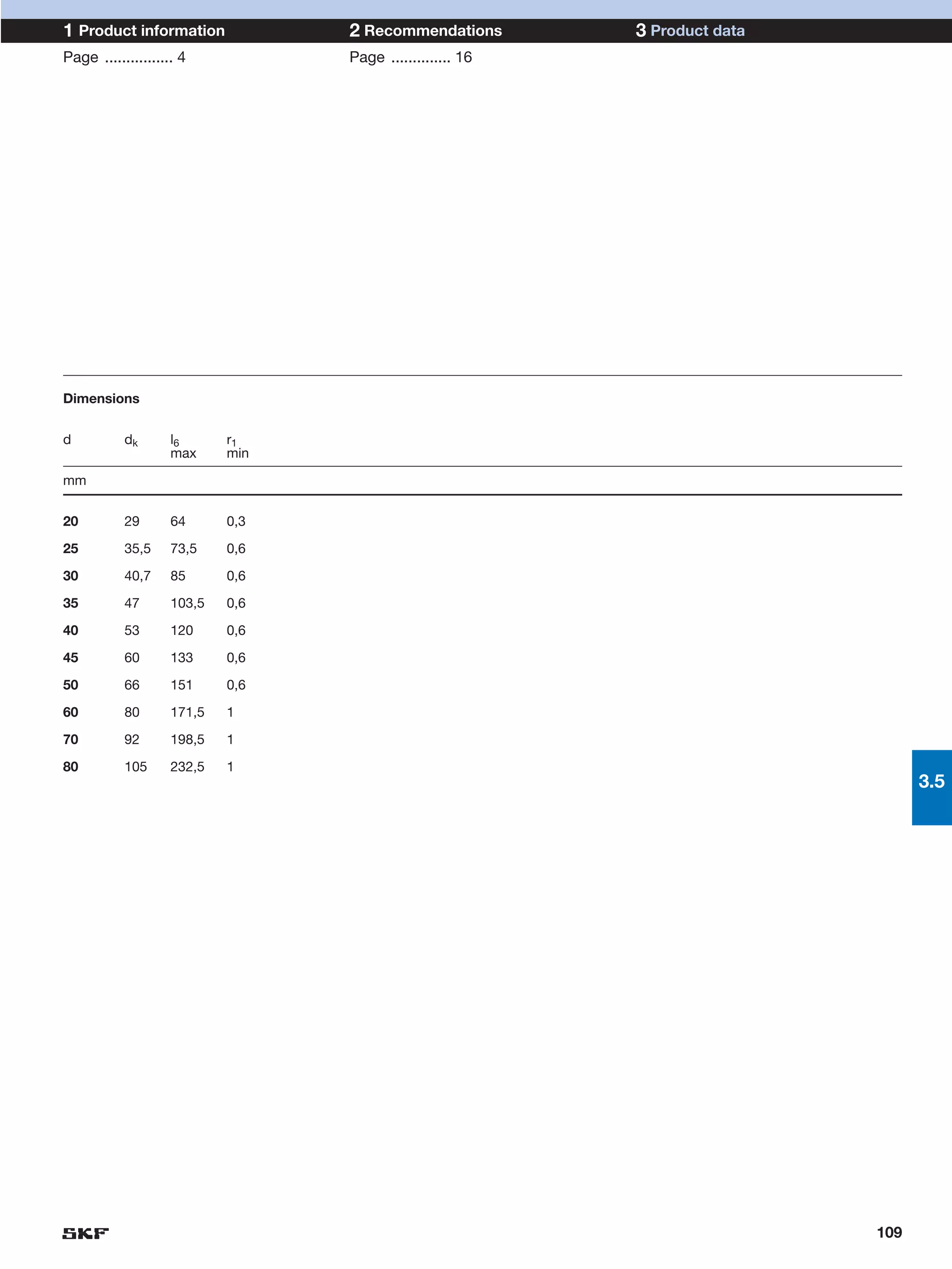 1 Product information             2 Recommendations        3 Product data
Page ................ 4           Page .............. 16




Dimensions


d          dk       l6      r1
                    max     min

mm


20         29       64      0,3

25         35,5     73,5    0,6

30         40,7     85      0,6

35         47       103,5   0,6

40         53       120     0,6

45         60       133     0,6

50         66       151     0,6

60         80       171,5   1

70         92       198,5   1

80         105      232,5   1
                                                                                  3.5




                                                                            109
 