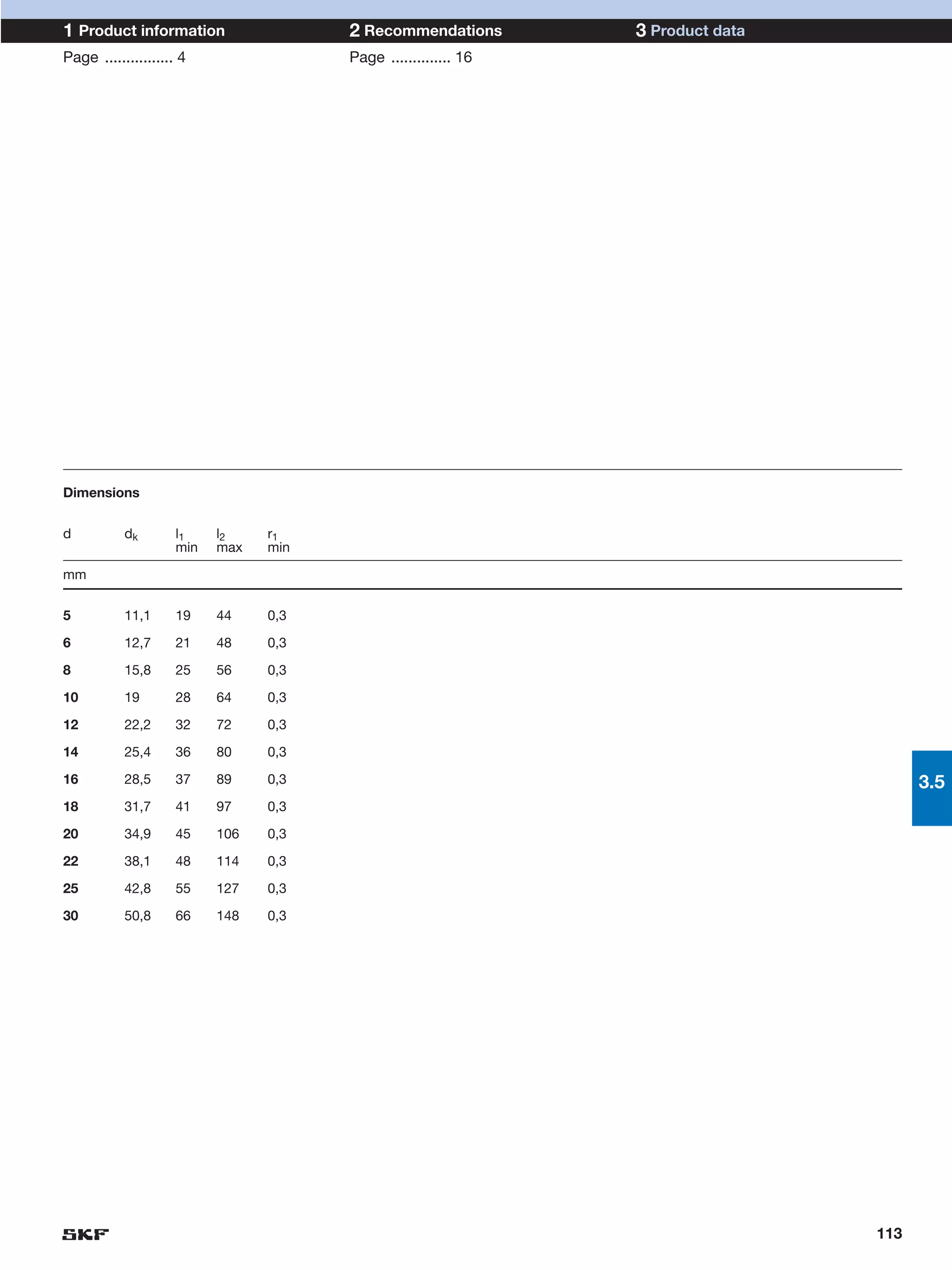 1 Product information                  2 Recommendations        3 Product data
Page ................ 4                Page .............. 16




Dimensions


d          dk        l1    l2    r1
                     min   max   min

mm


5          11,1      19    44    0,3

6          12,7      21    48    0,3

8          15,8      25    56    0,3

10         19        28    64    0,3

12         22,2      32    72    0,3

14         25,4      36    80    0,3

16         28,5      37    89    0,3                                                   3.5
18         31,7      41    97    0,3

20         34,9      45    106   0,3

22         38,1      48    114   0,3

25         42,8      55    127   0,3

30         50,8      66    148   0,3




                                                                                 113
 