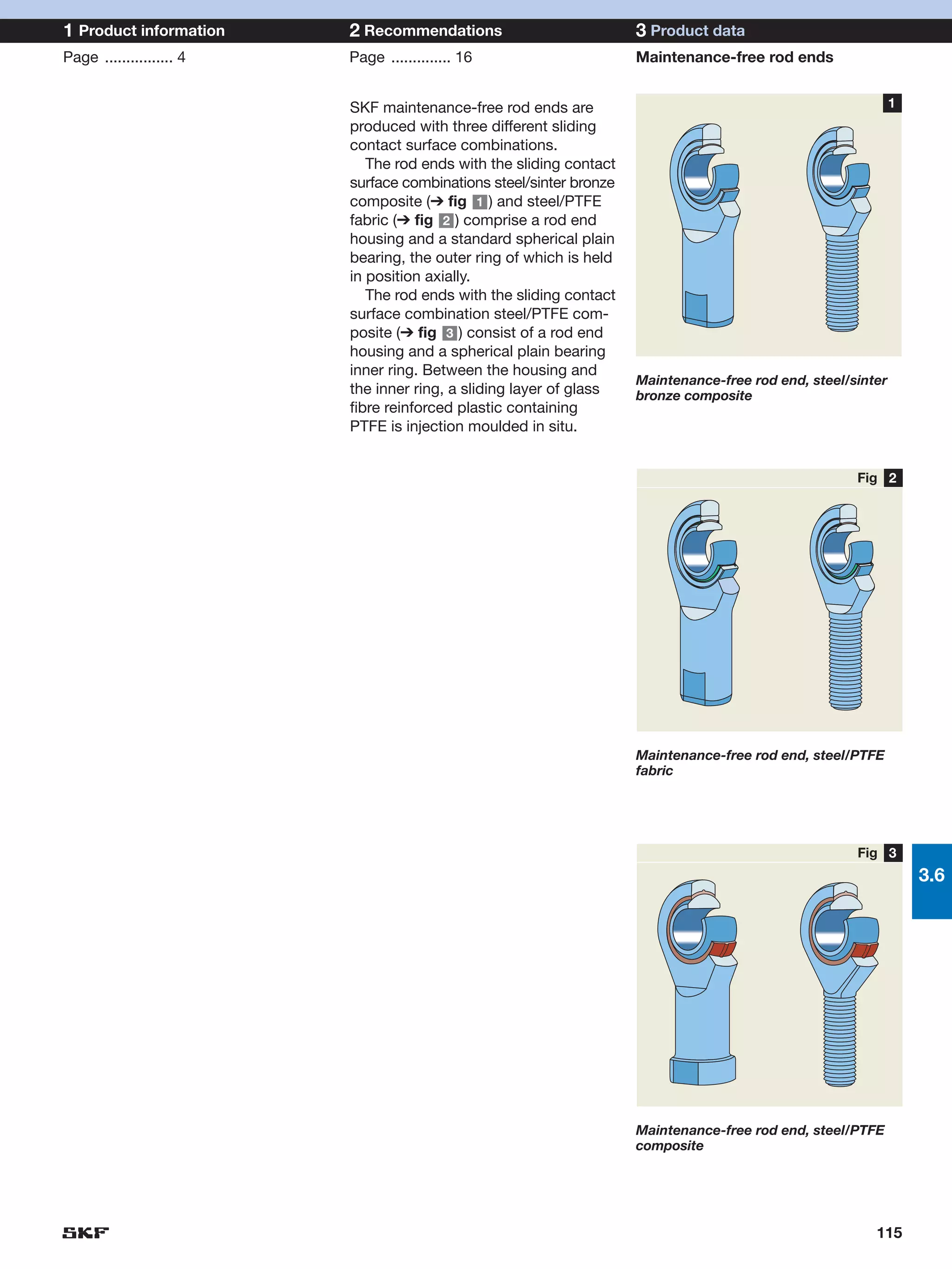 1 Product information     2 Recommendations                          3 Product data
Page ................ 4   Page .............. 16                     Maintenance-free rod ends


                          SKF maintenance-free rod ends are                                                   1
                          produced with three different sliding
                          contact surface combinations.
                             The rod ends with the sliding contact
                          surface combinations steel/sinter bronze
                          composite (➔ fig 1 ) and steel/PTFE
                          fabric (➔ fig 2 ) comprise a rod end
                          housing and a standard spherical plain
                          bearing, the outer ring of which is held
                          in position axially.
                             The rod ends with the sliding contact
                          surface combination steel/PTFE com-
                          posite (➔ fig 3 ) consist of a rod end
                          housing and a spherical plain bearing
                          inner ring. Between the housing and
                                                                     Maintenance-free rod end, steel/sinter
                          the inner ring, a sliding layer of glass   bronze composite
                          fibre reinforced plastic containing
                          PTFE is injection moulded in situ.


                                                                                                      Fig 2




                                                                     Maintenance-free rod end, steel/PTFE
                                                                     fabric




                                                                                                      Fig 3
                                                                                                                  3.6




                                                                     Maintenance-free rod end, steel/PTFE
                                                                     composite




                                                                                                         115
 