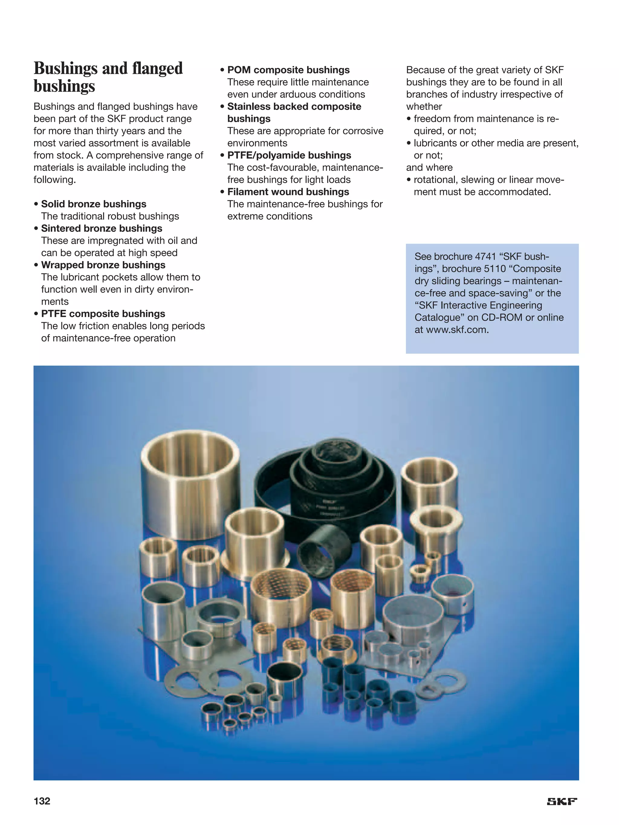 Bushings and flanged                      • POM composite bushings                Because of the great variety of SKF
                                            These require little maintenance      bushings they are to be found in all
bushings                                    even under arduous conditions         branches of industry irrespective of
Bushings and flanged bushings have        • Stainless backed composite            whether
been part of the SKF product range          bushings                              • freedom from maintenance is re-
for more than thirty years and the          These are appropriate for corrosive     quired, or not;
most varied assortment is available         environments                          • lubricants or other media are present,
from stock. A comprehensive range of      • PTFE/polyamide bushings                 or not;
materials is available including the        The cost-favourable, maintenance-     and where
following.                                  free bushings for light loads         • rotational, slewing or linear move-
                                          • Filament wound bushings                 ment must be accommodated.
• Solid bronze bushings                     The maintenance-free bushings for
  The traditional robust bushings           extreme conditions
• Sintered bronze bushings
  These are impregnated with oil and
  can be operated at high speed                                                    See brochure 4741 “SKF bush-
• Wrapped bronze bushings                                                          ings”, brochure 5110 “Composite
  The lubricant pockets allow them to                                              dry sliding bearings – maintenan-
  function well even in dirty environ-                                             ce-free and space-saving” or the
  ments                                                                            “SKF Interactive Engineering
• PTFE composite bushings                                                          Catalogue” on CD-ROM or online
  The low friction enables long periods                                            at www.skf.com.
  of maintenance-free operation




132
 