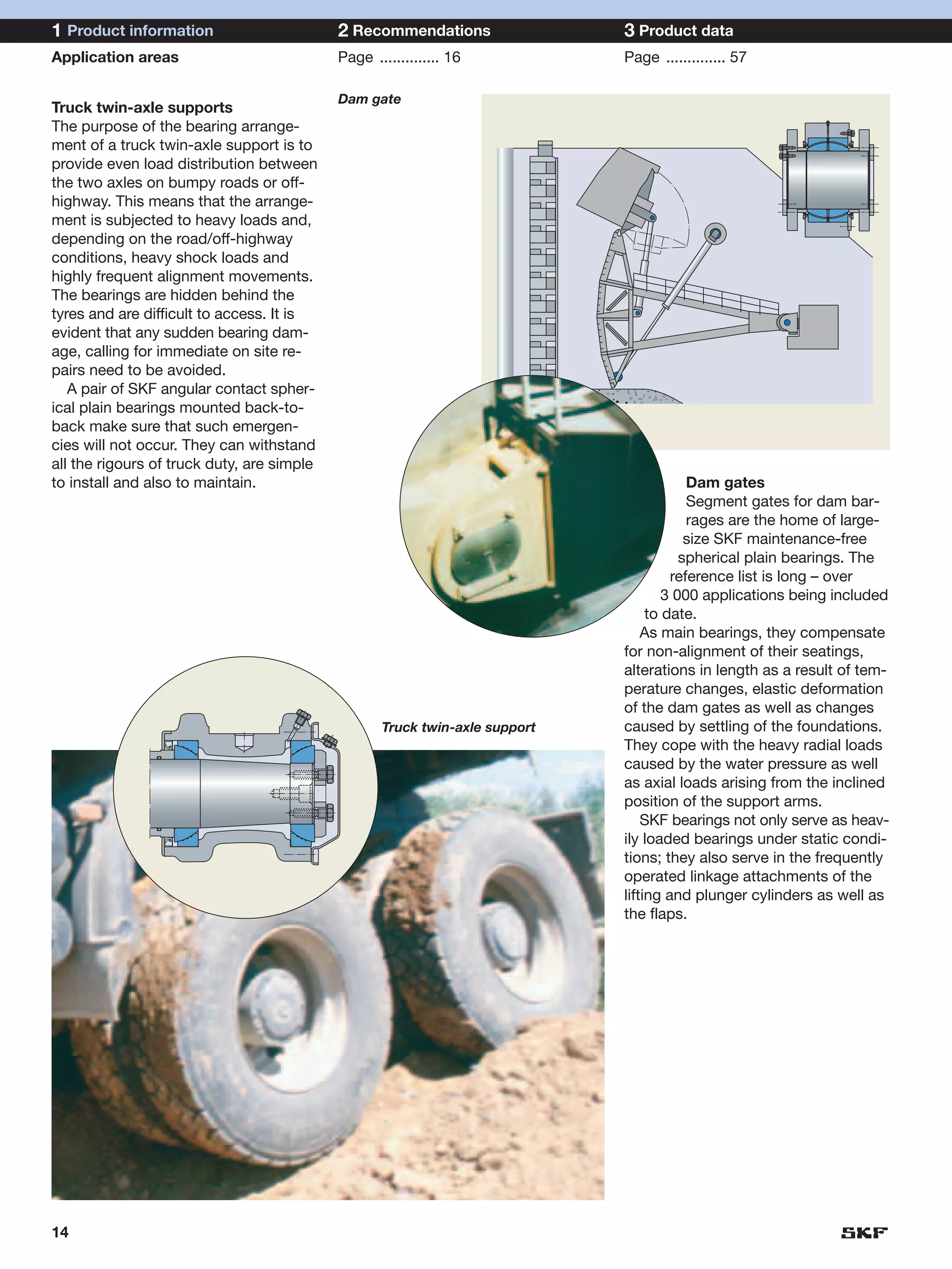 1 Product information                       2 Recommendations                3 Product data
Application areas                           Page .............. 16           Page .............. 57

                                            Dam gate
Truck twin-axle supports
The purpose of the bearing arrange-
ment of a truck twin-axle support is to
provide even load distribution between
the two axles on bumpy roads or off-
highway. This means that the arrange-
ment is subjected to heavy loads and,
depending on the road/off-highway
conditions, heavy shock loads and
highly frequent alignment movements.
The bearings are hidden behind the
tyres and are difficult to access. It is
evident that any sudden bearing dam-
age, calling for immediate on site re-
pairs need to be avoided.
   A pair of SKF angular contact spher-
ical plain bearings mounted back-to-
back make sure that such emergen-
cies will not occur. They can withstand
all the rigours of truck duty, are simple
to install and also to maintain.                                                         Dam gates
                                                                                         Segment gates for dam bar-
                                                                                         rages are the home of large-
                                                                                         size SKF maintenance-free
                                                                                        spherical plain bearings. The
                                                                                      reference list is long – over
                                                                                     3 000 applications being included
                                                                                  to date.
                                                                                 As main bearings, they compensate
                                                                             for non-alignment of their seatings,
                                                                             alterations in length as a result of tem-
                                                                             perature changes, elastic deformation
                                                                             of the dam gates as well as changes
                                                   Truck twin-axle support   caused by settling of the foundations.
                                                                             They cope with the heavy radial loads
                                                                             caused by the water pressure as well
                                                                             as axial loads arising from the inclined
                                                                             position of the support arms.
                                                                                 SKF bearings not only serve as heav-
                                                                             ily loaded bearings under static condi-
                                                                             tions; they also serve in the frequently
                                                                             operated linkage attachments of the
                                                                             lifting and plunger cylinders as well as
                                                                             the flaps.




14
 