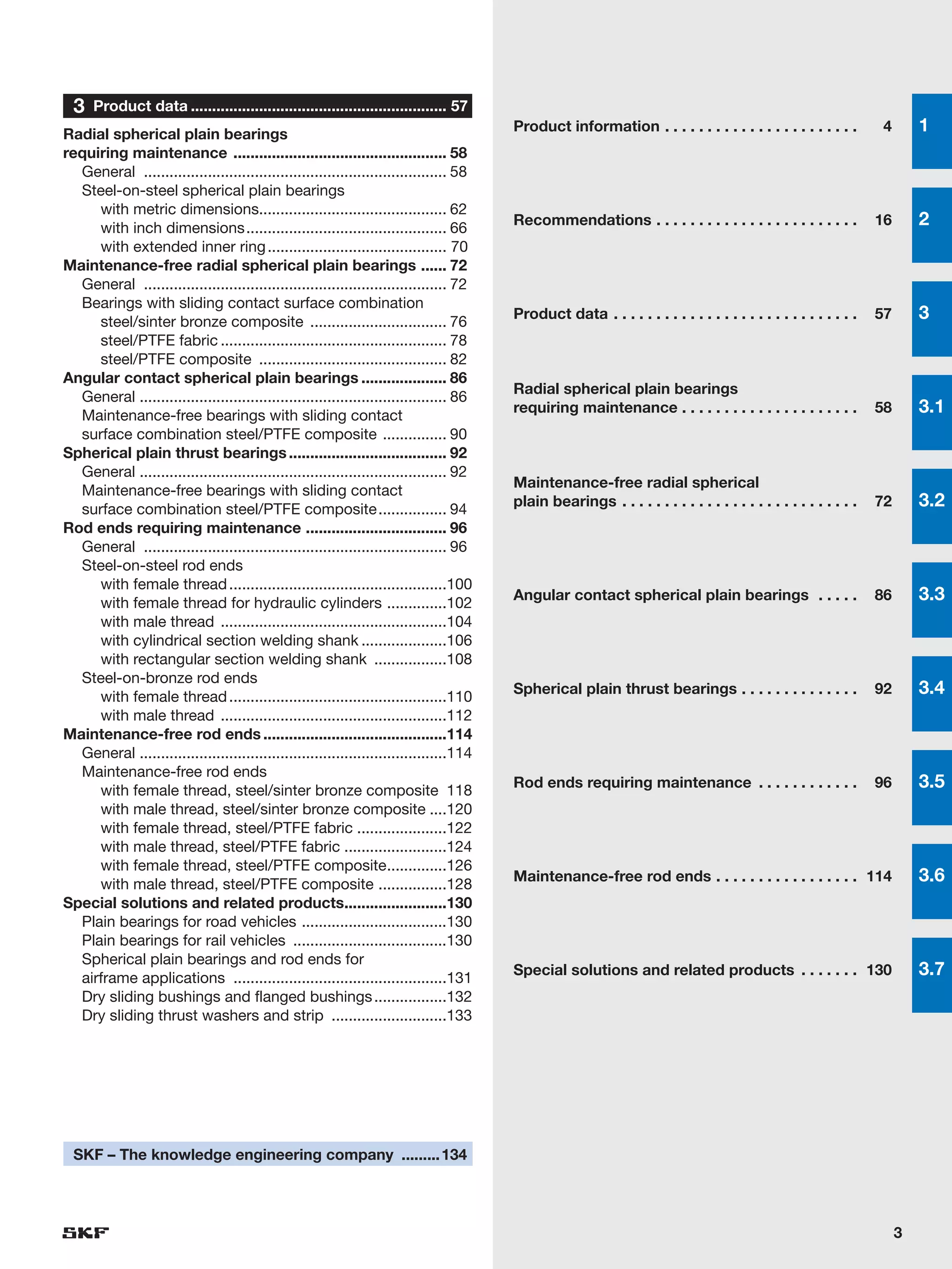 3   Product data ............................................................ 57
Radial spherical plain bearings
                                                                                        Product information . . . . . . . . . . . . . . . . . . . . . . .         4       1
requiring maintenance .................................................. 58
  General ....................................................................... 58
  Steel-on-steel spherical plain bearings
     with metric dimensions............................................ 62
     with inch dimensions............................................... 66
                                                                                        Recommendations . . . . . . . . . . . . . . . . . . . . . . . .          16       2
     with extended inner ring .......................................... 70
Maintenance-free radial spherical plain bearings ...... 72
  General ....................................................................... 72
  Bearings with sliding contact surface combination
     steel/sinter bronze composite ................................ 76
                                                                                        Product data . . . . . . . . . . . . . . . . . . . . . . . . . . . . .   57       3
     steel/PTFE fabric ..................................................... 78
     steel/PTFE composite ............................................ 82
Angular contact spherical plain bearings .................... 86
                                                                                        Radial spherical plain bearings
  General ........................................................................ 86
  Maintenance-free bearings with sliding contact
                                                                                        requiring maintenance . . . . . . . . . . . . . . . . . . . . .          58       3.1
  surface combination steel/PTFE composite ............... 90
Spherical plain thrust bearings ..................................... 92
  General ........................................................................ 92
                                                                                        Maintenance-free radial spherical
  Maintenance-free bearings with sliding contact
  surface combination steel/PTFE composite ................ 94
                                                                                        plain bearings . . . . . . . . . . . . . . . . . . . . . . . . . . . .   72       3.2
Rod ends requiring maintenance ................................. 96
  General ....................................................................... 96
  Steel-on-steel rod ends
     with female thread ...................................................100
     with female thread for hydraulic cylinders ..............102
                                                                                        Angular contact spherical plain bearings . . . . .                       86       3.3
     with male thread .....................................................104
     with cylindrical section welding shank ....................106
     with rectangular section welding shank .................108
  Steel-on-bronze rod ends
     with female thread ...................................................110
                                                                                        Spherical plain thrust bearings . . . . . . . . . . . . . .              92       3.4
     with male thread .....................................................112
Maintenance-free rod ends ...........................................114
  General ........................................................................114
  Maintenance-free rod ends
     with female thread, steel/sinter bronze composite 118
                                                                                        Rod ends requiring maintenance . . . . . . . . . . . .                   96       3.5
     with male thread, steel/sinter bronze composite ....120
     with female thread, steel/PTFE fabric .....................122
     with male thread, steel/PTFE fabric ........................124
     with female thread, steel/PTFE composite..............126
     with male thread, steel/PTFE composite ................128
                                                                                        Maintenance-free rod ends . . . . . . . . . . . . . . . . . 114                   3.6
Special solutions and related products........................130
  Plain bearings for road vehicles ..................................130
  Plain bearings for rail vehicles ....................................130
  Spherical plain bearings and rod ends for
  airframe applications ..................................................131
                                                                                        Special solutions and related products . . . . . . . 130                          3.7
  Dry sliding bushings and flanged bushings .................132
  Dry sliding thrust washers and strip ...........................133




  SKF – The knowledge engineering company ......... 134




                                                                                                                                                                      3
 