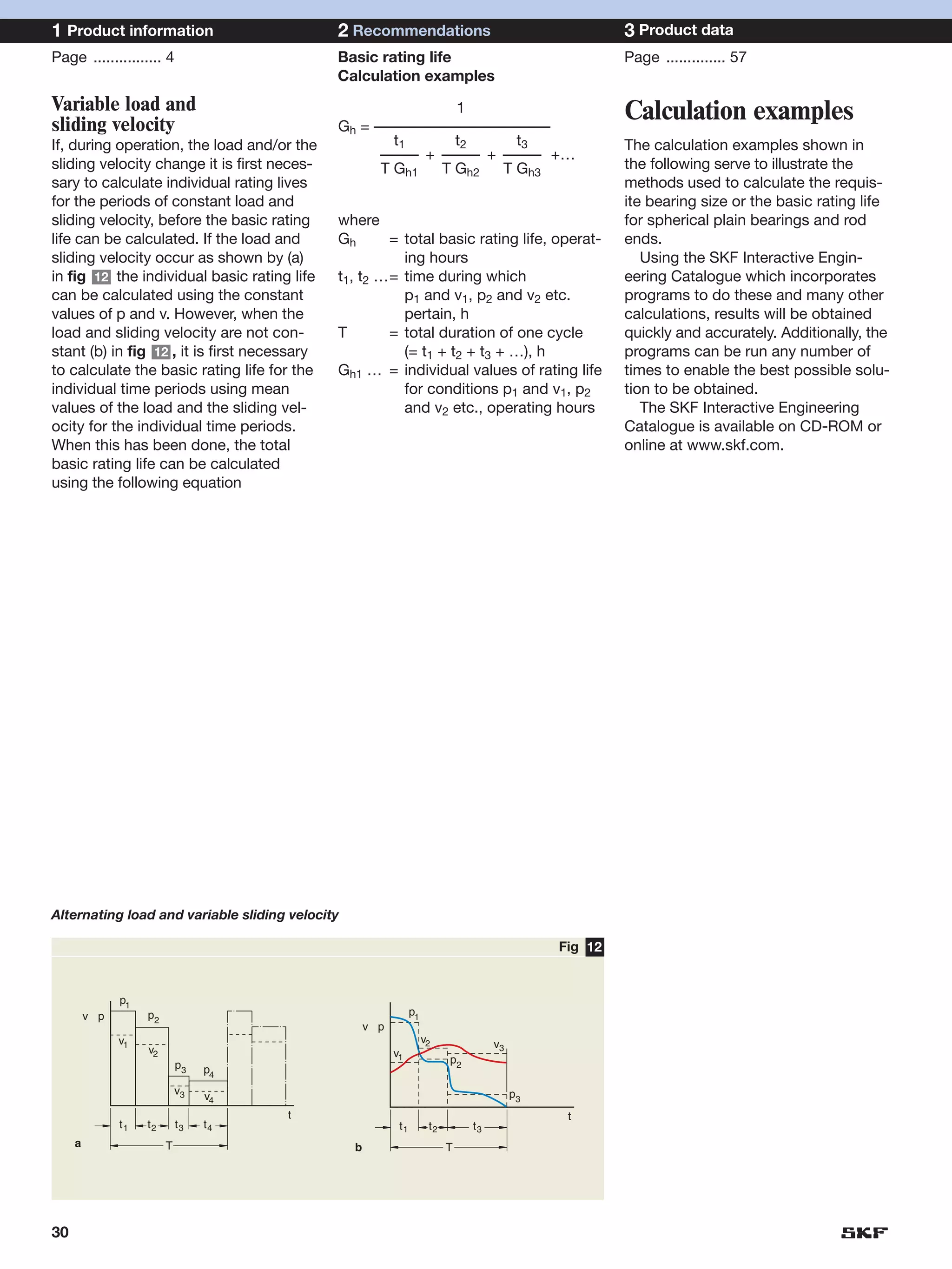 1 Product information                         2 Recommendations                                          3 Product data
Page ................ 4                       Basic rating life                                          Page .............. 57
                                              Calculation examples
Variable load and                                             1                                          Calculation examples
sliding velocity                              Gh = –––––––––––––––––––––––
If, during operation, the load and/or the             t1      t2      t3                                 The calculation examples shown in
                                                    ––––– + ––––– + ––––– +…
sliding velocity change it is first neces-          T Gh1   T Gh2   T Gh3                                the following serve to illustrate the
sary to calculate individual rating lives                                                                methods used to calculate the requis-
for the periods of constant load and                                                                     ite bearing size or the basic rating life
sliding velocity, before the basic rating     where                                                      for spherical plain bearings and rod
life can be calculated. If the load and       Gh      = total basic rating life, operat-                 ends.
sliding velocity occur as shown by (a)                  ing hours                                           Using the SKF Interactive Engin-
in fig 12 the individual basic rating life    t1, t2 …= time during which                                eering Catalogue which incorporates
can be calculated using the constant                    p1 and v1, p2 and v2 etc.                        programs to do these and many other
values of p and v. However, when the                    pertain, h                                       calculations, results will be obtained
load and sliding velocity are not con-        T       = total duration of one cycle                      quickly and accurately. Additionally, the
stant (b) in fig 12 , it is first necessary             (= t1 + t2 + t3 + …), h                          programs can be run any number of
to calculate the basic rating life for the    Gh1 … = individual values of rating life                   times to enable the best possible solu-
individual time periods using mean                      for conditions p1 and v1, p2                     tion to be obtained.
values of the load and the sliding vel-                 and v2 etc., operating hours                        The SKF Interactive Engineering
ocity for the individual time periods.                                                                   Catalogue is available on CD-ROM or
When this has been done, the total                                                                       online at www.skf.com.
basic rating life can be calculated
using the following equation




Alternating load and variable sliding velocity

                                                                                                Fig 12


               p1
         v p        p2                                           p1
                                                     v p
               v1                                                     v2              v3
                    v2                                     v1
                             p3                                             p2
                                  p4
                             v3   v4                                                       p3
                                       t                                                         t
               t1   t2       t3   t4                        t1         t2        t3
     a                   T                       b                          T




30
 