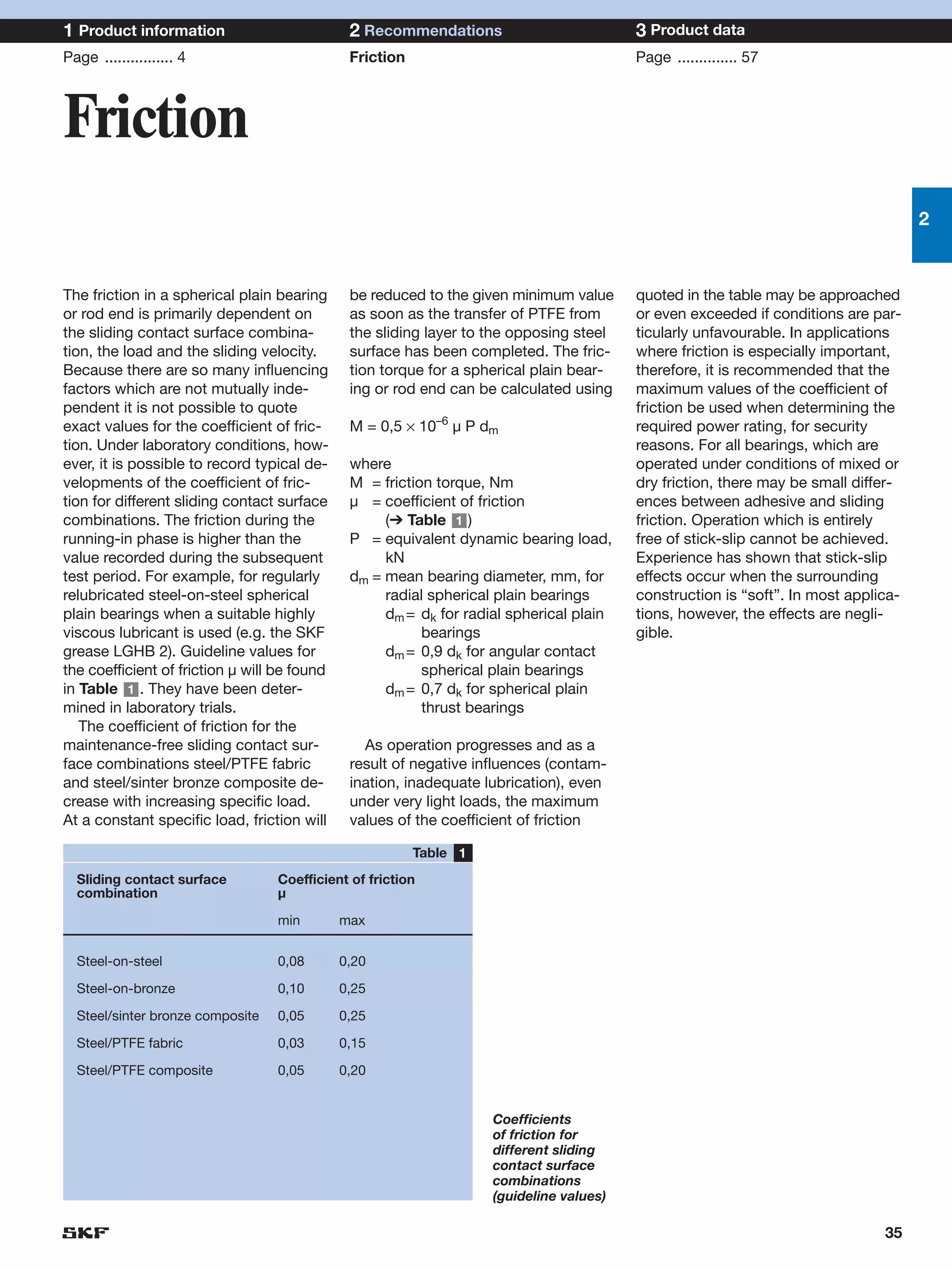 1 Product information                          2 Recommendations                         3 Product data
Page ................ 4                        Friction                                  Page .............. 57



Friction
                                                                                                                                    2


The friction in a spherical plain bearing      be reduced to the given minimum value     quoted in the table may be approached
or rod end is primarily dependent on           as soon as the transfer of PTFE from      or even exceeded if conditions are par-
the sliding contact surface combina-           the sliding layer to the opposing steel   ticularly unfavourable. In applications
tion, the load and the sliding velocity.       surface has been completed. The fric-     where friction is especially important,
Because there are so many influencing          tion torque for a spherical plain bear-   therefore, it is recommended that the
factors which are not mutually inde-           ing or rod end can be calculated using    maximum values of the coefficient of
pendent it is not possible to quote                                                      friction be used when determining the
exact values for the coefficient of fric-      M = 0,5 × 10–6 µ P dm                     required power rating, for security
tion. Under laboratory conditions, how-                                                  reasons. For all bearings, which are
ever, it is possible to record typical de-     where                                     operated under conditions of mixed or
velopments of the coefficient of fric-         M = friction torque, Nm                   dry friction, there may be small differ-
tion for different sliding contact surface     µ = coefficient of friction               ences between adhesive and sliding
combinations. The friction during the               (➔ Table 1 )                         friction. Operation which is entirely
running-in phase is higher than the            P = equivalent dynamic bearing load,      free of stick-slip cannot be achieved.
value recorded during the subsequent                kN                                   Experience has shown that stick-slip
test period. For example, for regularly        dm = mean bearing diameter, mm, for       effects occur when the surrounding
relubricated steel-on-steel spherical               radial spherical plain bearings      construction is “soft”. In most applica-
plain bearings when a suitable highly               dm = dk for radial spherical plain   tions, however, the effects are negli-
viscous lubricant is used (e.g. the SKF                   bearings                       gible.
grease LGHB 2). Guideline values for                dm = 0,9 dk for angular contact
the coefficient of friction µ will be found               spherical plain bearings
in Table 1 . They have been deter-                  dm = 0,7 dk for spherical plain
mined in laboratory trials.                               thrust bearings
   The coefficient of friction for the
maintenance-free sliding contact sur-            As operation progresses and as a
face combinations steel/PTFE fabric            result of negative influences (contam-
and steel/sinter bronze composite de-          ination, inadequate lubrication), even
crease with increasing specific load.          under very light loads, the maximum
At a constant specific load, friction will     values of the coefficient of friction

                                                          Table 1
  Sliding contact surface         Coefficient of friction
  combination                     µ

                                  min         max


  Steel-on-steel                  0,08        0,20

  Steel-on-bronze                 0,10        0,25

  Steel/sinter bronze composite   0,05        0,25

  Steel/PTFE fabric               0,03        0,15

  Steel/PTFE composite            0,05        0,20


                                                                    Coefficients
                                                                    of friction for
                                                                    different sliding
                                                                    contact surface
                                                                    combinations
                                                                    (guideline values)

                                                                                                                              35
 