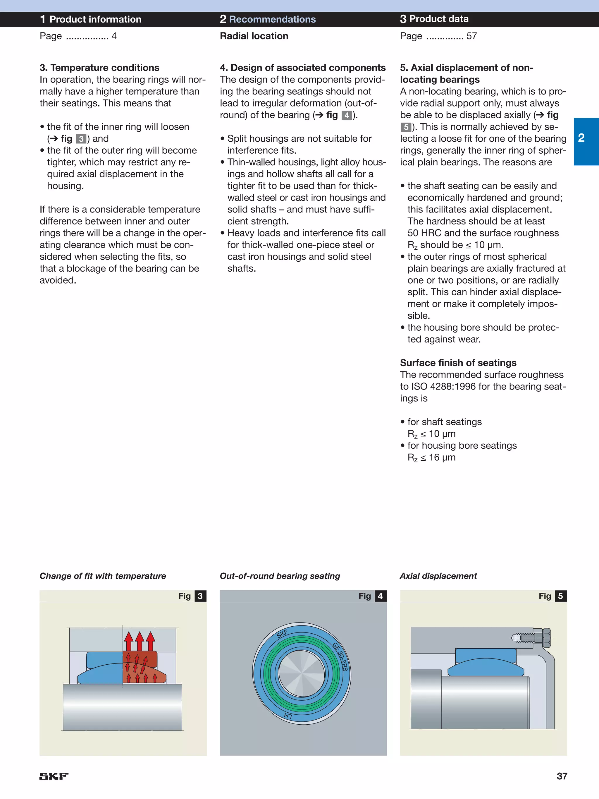 1 Product information                       2 Recommendations                            3 Product data
Page ................ 4                     Radial location                              Page .............. 57


3. Temperature conditions                   4. Design of associated components           5. Axial displacement of non-
In operation, the bearing rings will nor-   The design of the components provid-         locating bearings
mally have a higher temperature than        ing the bearing seatings should not          A non-locating bearing, which is to pro-
their seatings. This means that             lead to irregular deformation (out-of-       vide radial support only, must always
                                            round) of the bearing (➔ fig 4 ).            be able to be displaced axially (➔ fig
• the fit of the inner ring will loosen                                                   5 ). This is normally achieved by se-
  (➔ fig 3 ) and                            • Split housings are not suitable for        lecting a loose fit for one of the bearing   2
• the fit of the outer ring will become       interference fits.                         rings, generally the inner ring of spher-
  tighter, which may restrict any re-       • Thin-walled housings, light alloy hous-    ical plain bearings. The reasons are
  quired axial displacement in the            ings and hollow shafts all call for a
  housing.                                    tighter fit to be used than for thick-     • the shaft seating can be easily and
                                              walled steel or cast iron housings and       economically hardened and ground;
If there is a considerable temperature        solid shafts – and must have suffi-          this facilitates axial displacement.
difference between inner and outer            cient strength.                              The hardness should be at least
rings there will be a change in the oper-   • Heavy loads and interference fits call       50 HRC and the surface roughness
ating clearance which must be con-            for thick-walled one-piece steel or          Rz should be ≤ 10 µm.
sidered when selecting the fits, so           cast iron housings and solid steel         • the outer rings of most spherical
that a blockage of the bearing can be         shafts.                                      plain bearings are axially fractured at
avoided.                                                                                   one or two positions, or are radially
                                                                                           split. This can hinder axial displace-
                                                                                           ment or make it completely impos-
                                                                                           sible.
                                                                                         • the housing bore should be protec-
                                                                                           ted against wear.

                                                                                         Surface finish of seatings
                                                                                         The recommended surface roughness
                                                                                         to ISO 4288:1996 for the bearing seat-
                                                                                         ings is

                                                                                         • for shaft seatings
                                                                                           Rz ≤ 10 µm
                                                                                         • for housing bore seatings
                                                                                           Rz ≤ 16 µm




Change of fit with temperature              Out-of-round bearing seating                 Axial displacement

                                  Fig 3                                          Fig 4                                     Fig 5



                                                            F
                                                          SK
                                                                       GE
                                                                          3
                                                                         0-2R
                                                                             S




                                                            LH




                                                                                                                                37
 