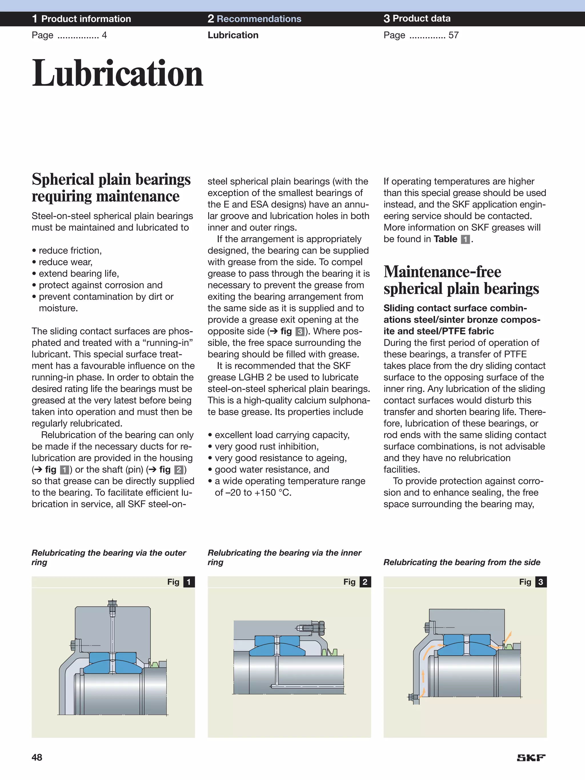1 Product information                         2 Recommendations                          3 Product data
Page ................ 4                       Lubrication                                Page .............. 57




Lubrication

Spherical plain bearings                      steel spherical plain bearings (with the   If operating temperatures are higher
                                              exception of the smallest bearings of      than this special grease should be used
requiring maintenance                         the E and ESA designs) have an annu-       instead, and the SKF application engin-
Steel-on-steel spherical plain bearings       lar groove and lubrication holes in both   eering service should be contacted.
must be maintained and lubricated to          inner and outer rings.                     More information on SKF greases will
                                                 If the arrangement is appropriately     be found in Table 1 .
• reduce friction,                            designed, the bearing can be supplied
• reduce wear,                                with grease from the side. To compel
• extend bearing life,                        grease to pass through the bearing it is   Maintenance-free
• protect against corrosion and               necessary to prevent the grease from
• prevent contamination by dirt or            exiting the bearing arrangement from
                                                                                         spherical plain bearings
  moisture.                                   the same side as it is supplied and to     Sliding contact surface combin-
                                              provide a grease exit opening at the       ations steel/sinter bronze compos-
The sliding contact surfaces are phos-        opposite side (➔ fig 3 ). Where pos-       ite and steel/PTFE fabric
phated and treated with a “running-in”        sible, the free space surrounding the      During the first period of operation of
lubricant. This special surface treat-        bearing should be filled with grease.      these bearings, a transfer of PTFE
ment has a favourable influence on the           It is recommended that the SKF          takes place from the dry sliding contact
running-in phase. In order to obtain the      grease LGHB 2 be used to lubricate         surface to the opposing surface of the
desired rating life the bearings must be      steel-on-steel spherical plain bearings.   inner ring. Any lubrication of the sliding
greased at the very latest before being       This is a high-quality calcium sulphona-   contact surfaces would disturb this
taken into operation and must then be         te base grease. Its properties include     transfer and shorten bearing life. There-
regularly relubricated.                                                                  fore, lubrication of these bearings, or
  Relubrication of the bearing can only       • excellent load carrying capacity,        rod ends with the same sliding contact
be made if the necessary ducts for re-        • very good rust inhibition,               surface combinations, is not advisable
lubrication are provided in the housing       • very good resistance to ageing,          and they have no relubrication
(➔ fig 1 ) or the shaft (pin) (➔ fig 2 )      • good water resistance, and               facilities.
so that grease can be directly supplied       • a wide operating temperature range          To provide protection against corro-
to the bearing. To facilitate efficient lu-     of –20 to +150 °C.                       sion and to enhance sealing, the free
brication in service, all SKF steel-on-                                                  space surrounding the bearing may,




Relubricating the bearing via the outer       Relubricating the bearing via the inner
ring                                          ring                                       Relubricating the bearing from the side

                                   Fig 1                                        Fig 2                                      Fig 3




48
 