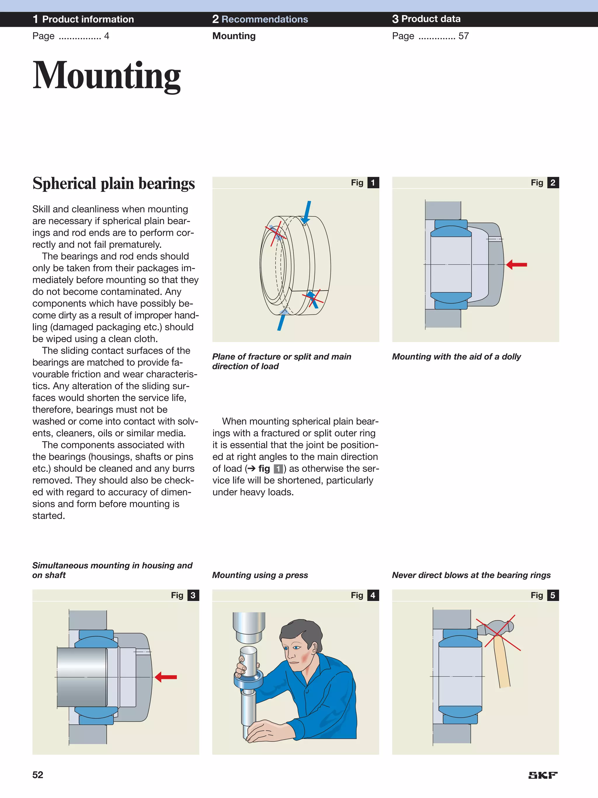1 Product information                      2 Recommendations                             3 Product data
Page ................ 4                    Mounting                                      Page .............. 57




Mounting

Spherical plain bearings                                                      Fig 1                                         Fig 2


Skill and cleanliness when mounting
are necessary if spherical plain bear-
ings and rod ends are to perform cor-
rectly and not fail prematurely.
   The bearings and rod ends should
only be taken from their packages im-
mediately before mounting so that they
do not become contaminated. Any
components which have possibly be-
come dirty as a result of improper hand-
ling (damaged packaging etc.) should
be wiped using a clean cloth.
   The sliding contact surfaces of the
                                           Plane of fracture or split and main           Mounting with the aid of a dolly
bearings are matched to provide fa-        direction of load
vourable friction and wear characteris-
tics. Any alteration of the sliding sur-
faces would shorten the service life,
therefore, bearings must not be
washed or come into contact with solv-         When mounting spherical plain bear-
ents, cleaners, oils or similar media.     ings with a fractured or split outer ring
   The components associated with          it is essential that the joint be position-
the bearings (housings, shafts or pins     ed at right angles to the main direction
etc.) should be cleaned and any burrs      of load (➔ fig 1 ) as otherwise the ser-
removed. They should also be check-        vice life will be shortened, particularly
ed with regard to accuracy of dimen-       under heavy loads.
sions and form before mounting is
started.




Simultaneous mounting in housing and
on shaft                                   Mounting using a press                        Never direct blows at the bearing rings

                                 Fig 3                                        Fig 4                                         Fig 5




52
 