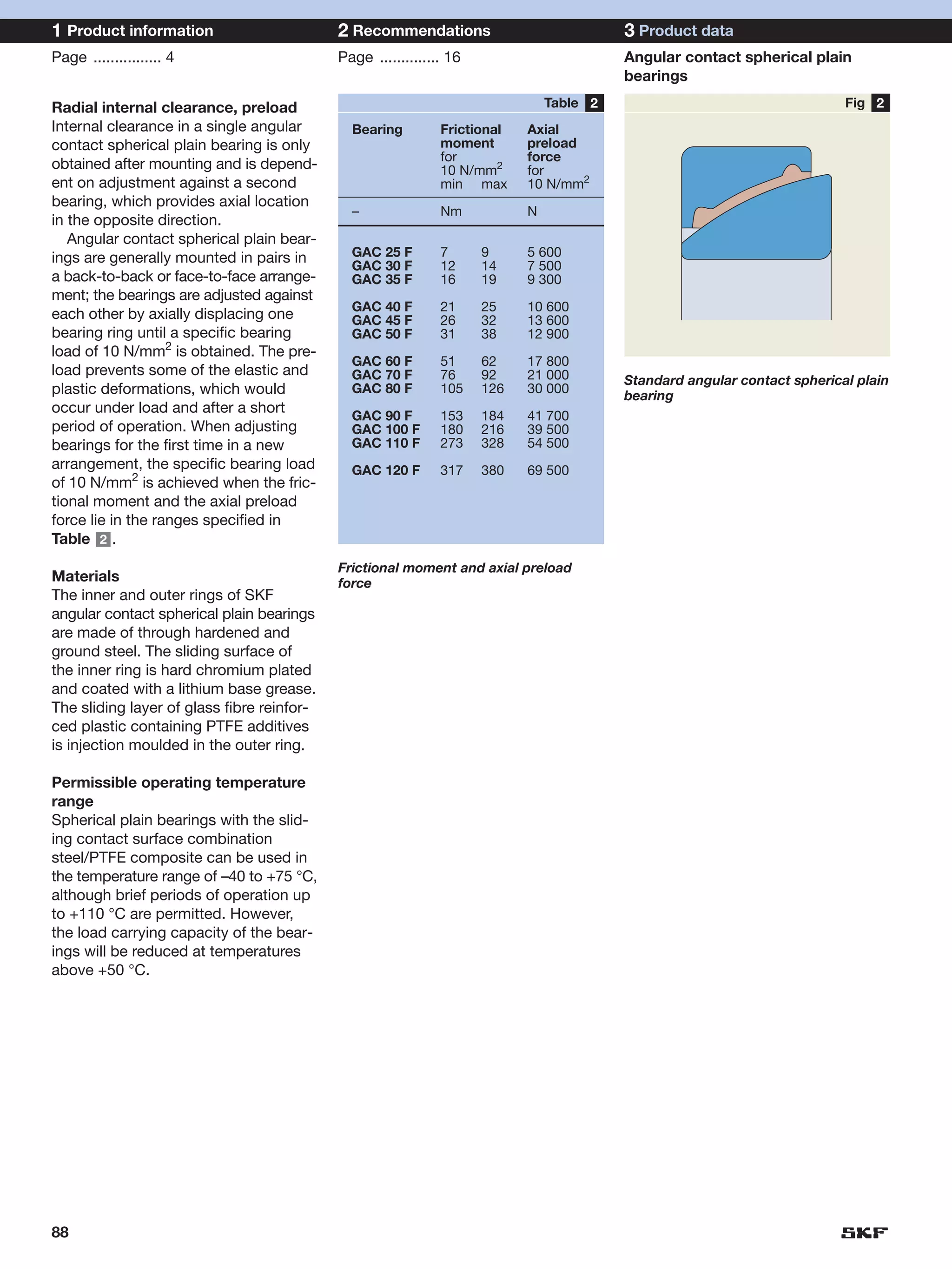 1 Product information                       2 Recommendations                            3 Product data
Page ................ 4                     Page .............. 16                       Angular contact spherical plain
                                                                                         bearings

Radial internal clearance, preload                                             Table 2                                    Fig 2
Internal clearance in a single angular        Bearing         Frictional   Axial
contact spherical plain bearing is only                       moment       preload
                                                              for          force
obtained after mounting and is depend-                        10 N/mm2     for
ent on adjustment against a second                            min max      10 N/mm2
bearing, which provides axial location
                                              –               Nm           N
in the opposite direction.
   Angular contact spherical plain bear-
ings are generally mounted in pairs in        GAC 25 F        7      9     5 600
                                              GAC 30 F        12     14    7 500
a back-to-back or face-to-face arrange-       GAC 35 F        16     19    9 300
ment; the bearings are adjusted against
                                              GAC 40 F        21     25    10 600
each other by axially displacing one          GAC 45 F        26     32    13 600
bearing ring until a specific bearing         GAC 50 F        31     38    12 900
load of 10 N/mm2 is obtained. The pre-
                                              GAC 60 F        51     62    17 800
load prevents some of the elastic and         GAC 70 F        76     92    21 000        Standard angular contact spherical plain
plastic deformations, which would             GAC 80 F        105    126   30 000
                                                                                         bearing
occur under load and after a short
                                              GAC 90 F        153    184   41 700
period of operation. When adjusting           GAC 100 F       180    216   39 500
bearings for the first time in a new          GAC 110 F       273    328   54 500
arrangement, the specific bearing load        GAC 120 F       317    380   69 500
of 10 N/mm2 is achieved when the fric-
tional moment and the axial preload
force lie in the ranges specified in
Table 2 .
                                            Frictional moment and axial preload
Materials                                   force
The inner and outer rings of SKF
angular contact spherical plain bearings
are made of through hardened and
ground steel. The sliding surface of
the inner ring is hard chromium plated
and coated with a lithium base grease.
The sliding layer of glass fibre reinfor-
ced plastic containing PTFE additives
is injection moulded in the outer ring.

Permissible operating temperature
range
Spherical plain bearings with the slid-
ing contact surface combination
steel/PTFE composite can be used in
the temperature range of –40 to +75 °C,
although brief periods of operation up
to +110 °C are permitted. However,
the load carrying capacity of the bear-
ings will be reduced at temperatures
above +50 °C.




88
 