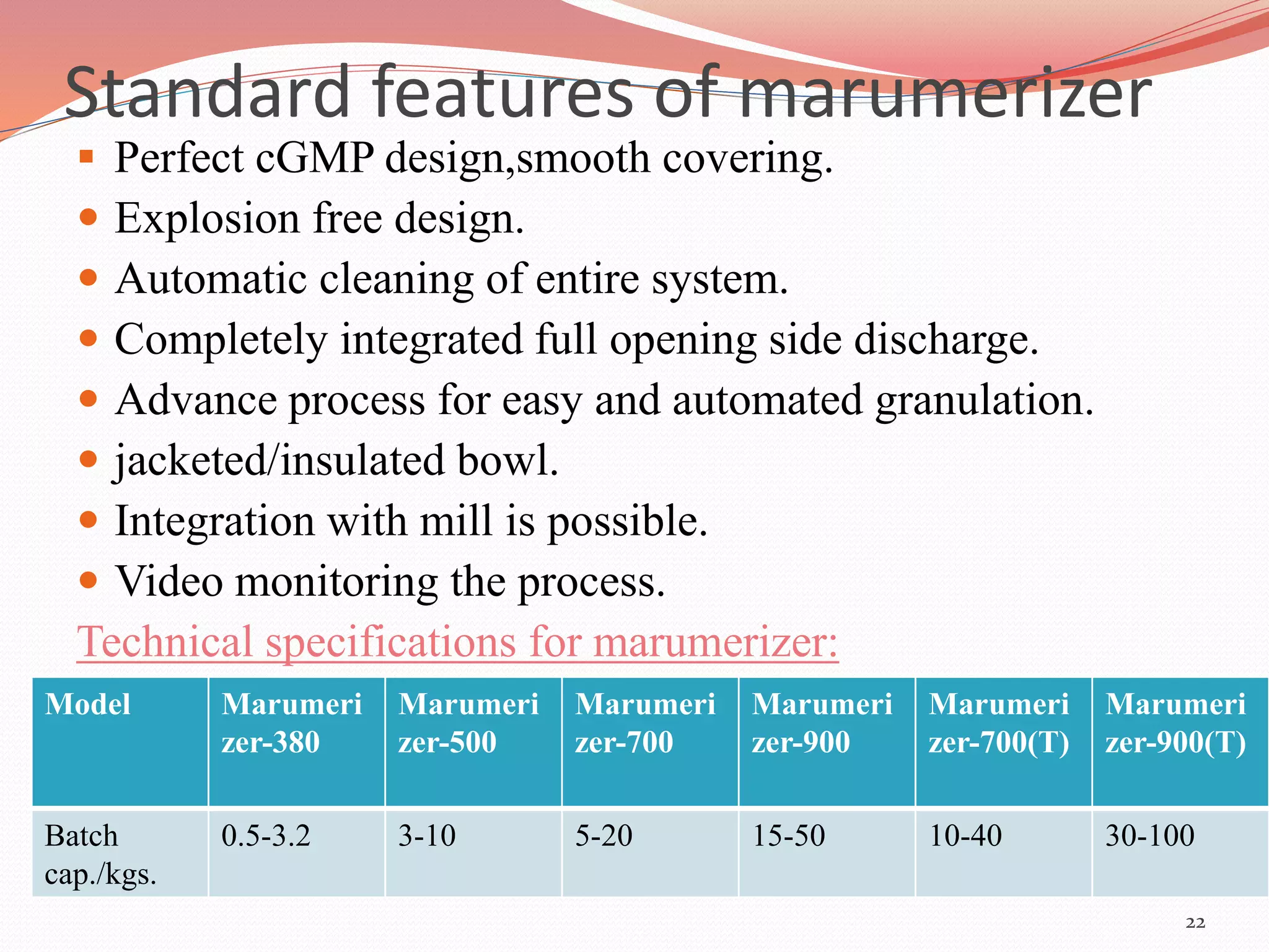 Standard features of marumerizer 
 Perfect cGMP design,smooth covering. 
 Explosion free design. 
 Automatic cleaning of entire system. 
 Completely integrated full opening side discharge. 
 Advance process for easy and automated granulation. 
 jacketed/insulated bowl. 
 Integration with mill is possible. 
 Video monitoring the process. 
Technical specifications for marumerizer: 
22 
Model Marumeri 
zer-380 
Marumeri 
zer-500 
Marumeri 
zer-700 
Marumeri 
zer-900 
Marumeri 
zer-700(T) 
Marumeri 
zer-900(T) 
Batch 
cap./kgs. 
0.5-3.2 3-10 5-20 15-50 10-40 30-100 
 
