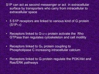 S1P can act as second messenger or act in extracellular
  surface by transporters who carry from intracellular to
  extracellular space

• 5 S1P receptors are linked to various kind of G protein
  (S1P1-5)

• Receptors linked to G12/13 protein activate the Rho
  GTPasa than regulates cytoskeleton and cell motility

• Receptors linked to Gq protein coupling to
  Phospholipase C increasing intracellular calcium

• Receptors linked to Gi protein regulate the PI3K/Akt and
  Ras/ERK pathways
 