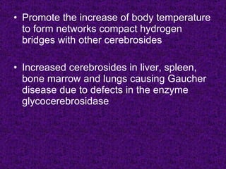 • Promote the increase of body temperature
  to form networks compact hydrogen
  bridges with other cerebrosides

• Increased cerebrosides in liver, spleen,
  bone marrow and lungs causing Gaucher
  disease due to defects in the enzyme
  glycocerebrosidase
 