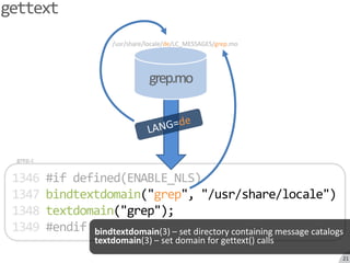 gettext/usr/share/locale/de/LC_MESSAGES/grep.mogrep.moLANG=degrep.c1346#if defined(ENABLE_NLS)1347bindtextdomain("grep", "/usr/share/locale")1348textdomain("grep");1349#endifbindtextdomain(3) – set directory containing message catalogstextdomain(3) – set domain for gettext() calls21