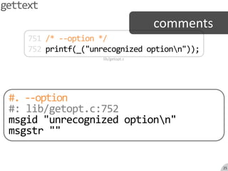 gettextcomments751/* --option */752printf(_("unrecognized option\n"));lib/getopt.c#. --option#: lib/getopt.c:752msgid "unrecognized option\n"msgstr ""25