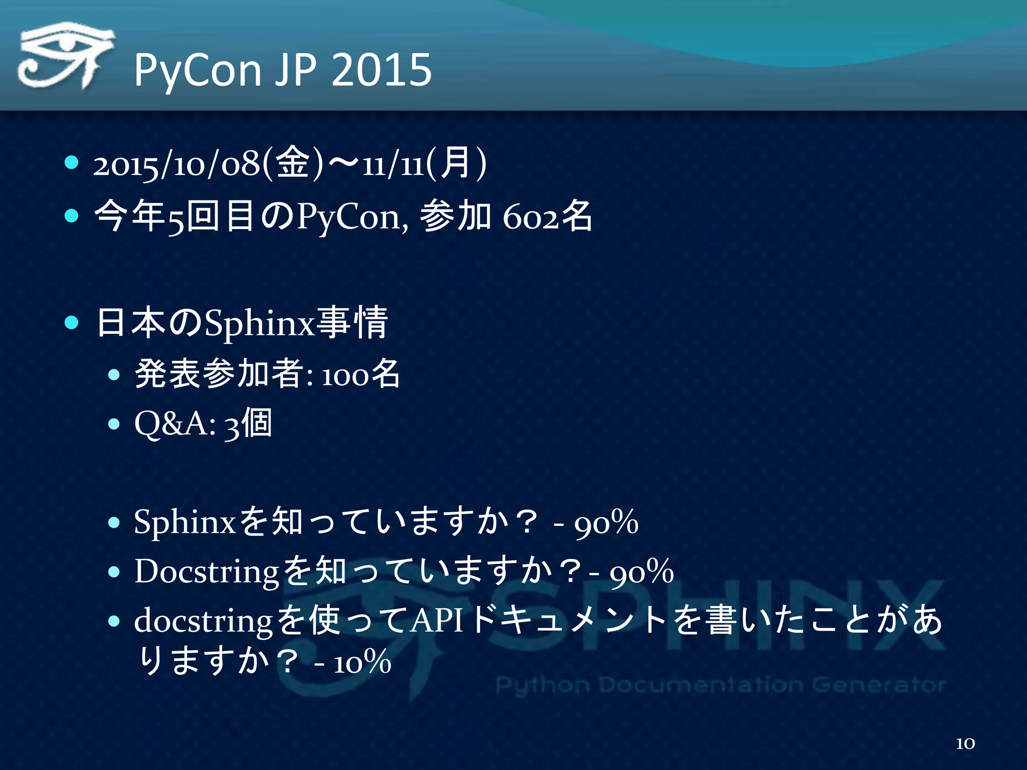 PyCon JP 2015
 2015/10/08(金)～11/11(月)
 今年5回目のPyCon, 参加 602名
 日本のSphinx事情
 発表参加者: 100名
 Q&A: 3個
 Sphinxを知っていますか？ - 90%
 Docstringを知っていますか？- 90%
 docstringを使ってAPIドキュメントを書いたことがあ
りますか？ - 10%
10
 