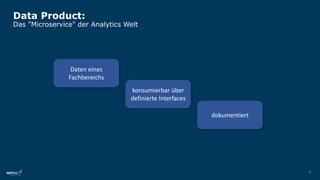 8
Data Product:
Das "Microservice" der Analytics Welt
Daten eines
Fachbereichs
konsumierbar über
definierte Interfaces
dokumentiert
 