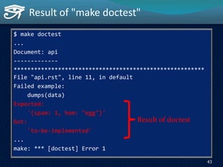 $ make doctest
...
Document: api
-------------
********************************************************
File "api.rst", line 11, in default
Failed example:
dumps(data)
Expected:
'{spam: 1, ham: "egg"}'
Got:
'to-be-implemented'
...
make: *** [doctest] Error 1
Result of "make doctest"
43
Result of doctest
 