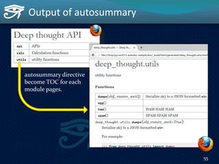 Output of autosummary
autosummary directive
become TOC for each
module pages.
55
 