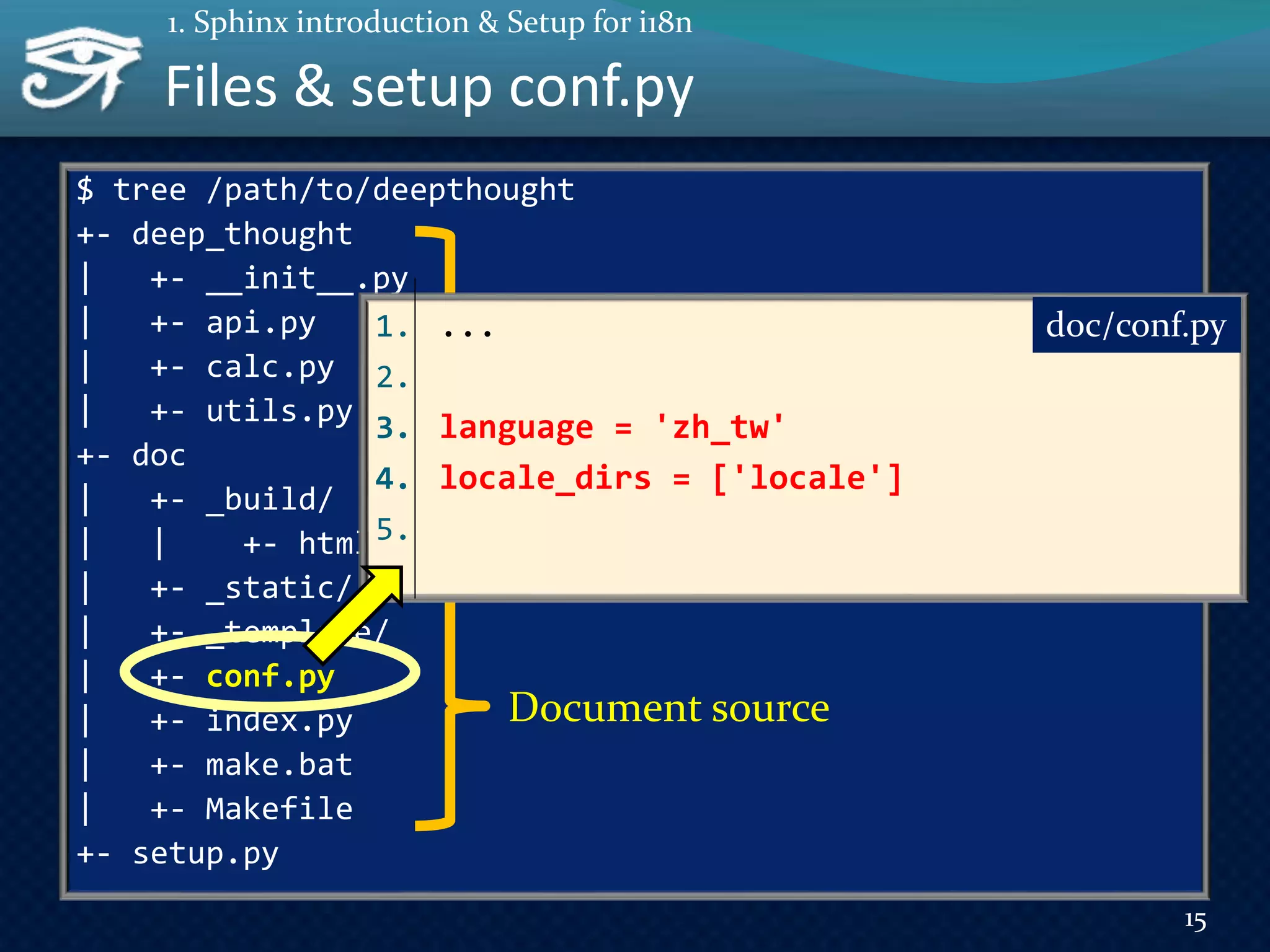 Files & setup conf.py
$ tree /path/to/deepthought
+- deep_thought
| +- __init__.py
| +- api.py
| +- calc.py
| +- utils.py
+- doc
| +- _build/
| | +- html/
| +- _static/
| +- _template/
| +- conf.py
| +- index.py
| +- make.bat
| +- Makefile
+- setup.py
15
1. Sphinx introduction & Setup for i18n
Document source
Document build output
Target library for doc1. ...
2.
3. language = 'zh_tw'
4. locale_dirs = ['locale']
5.
doc/conf.py
 