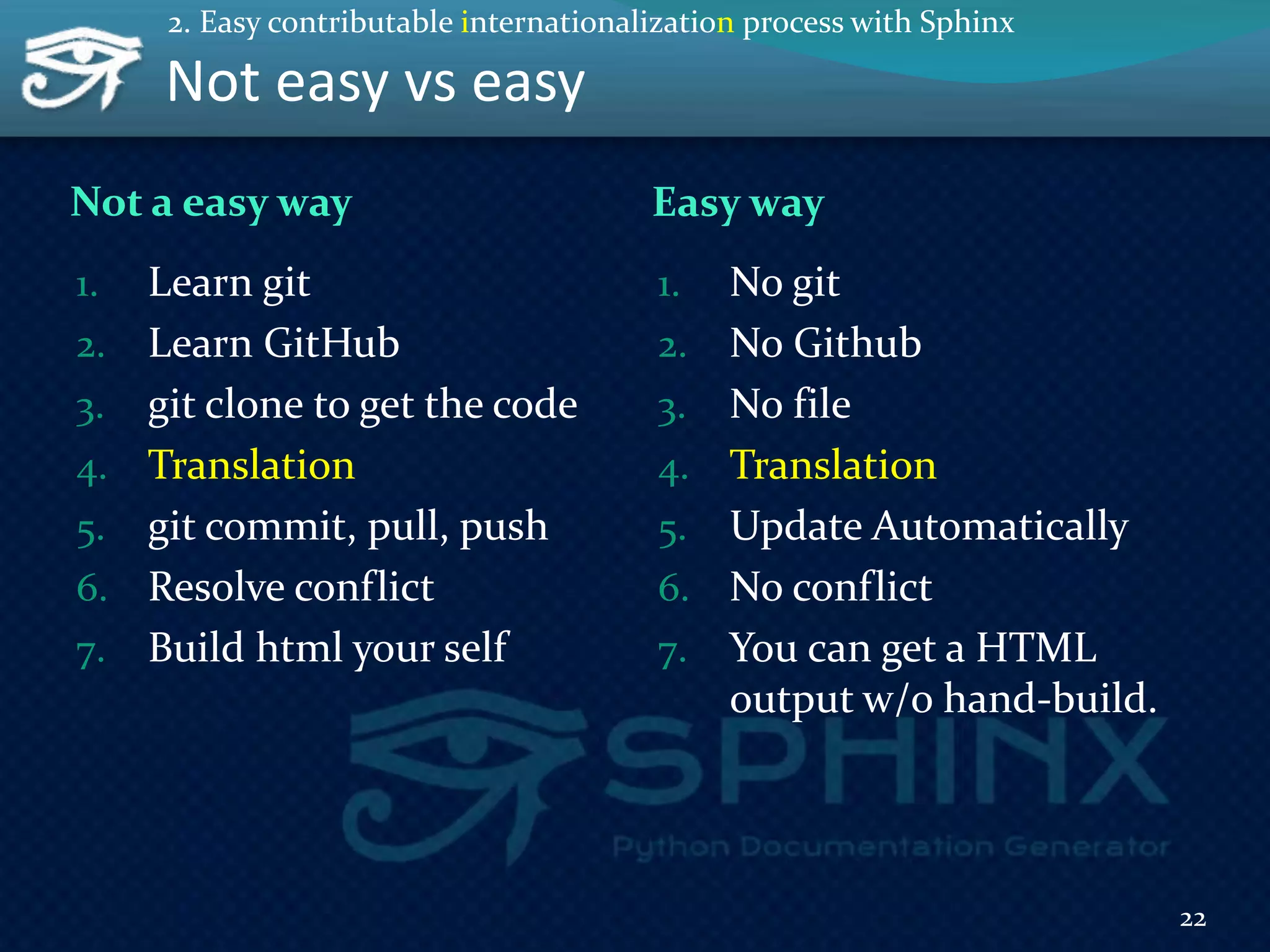 Not easy vs easy
Not a easy way Easy way
1. Learn git
2. Learn GitHub
3. git clone to get the code
4. Translation
5. git commit, pull, push
6. Resolve conflict
7. Build html your self
1. No git
2. No Github
3. No file
4. Translation
5. Update Automatically
6. No conflict
7. You can get a HTML
output w/o hand-build.
22
2. Easy contributable internationalization process with Sphinx
 