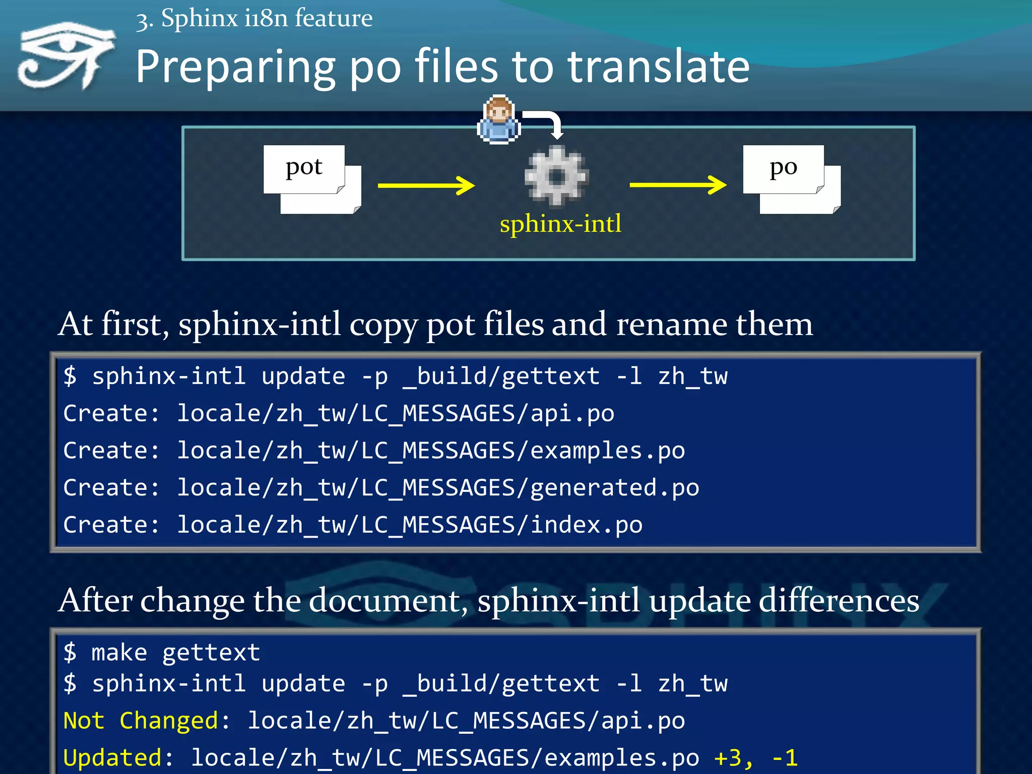 28
Preparing po files to translate
$ sphinx-intl update -p _build/gettext -l zh_tw
Create: locale/zh_tw/LC_MESSAGES/api.po
Create: locale/zh_tw/LC_MESSAGES/examples.po
Create: locale/zh_tw/LC_MESSAGES/generated.po
Create: locale/zh_tw/LC_MESSAGES/index.po
At first, sphinx-intl copy pot files and rename them
pot po
sphinx-intl
$ make gettext
$ sphinx-intl update -p _build/gettext -l zh_tw
Not Changed: locale/zh_tw/LC_MESSAGES/api.po
Updated: locale/zh_tw/LC_MESSAGES/examples.po +3, -1
After change the document, sphinx-intl update differences
3. Sphinx i18n feature
 