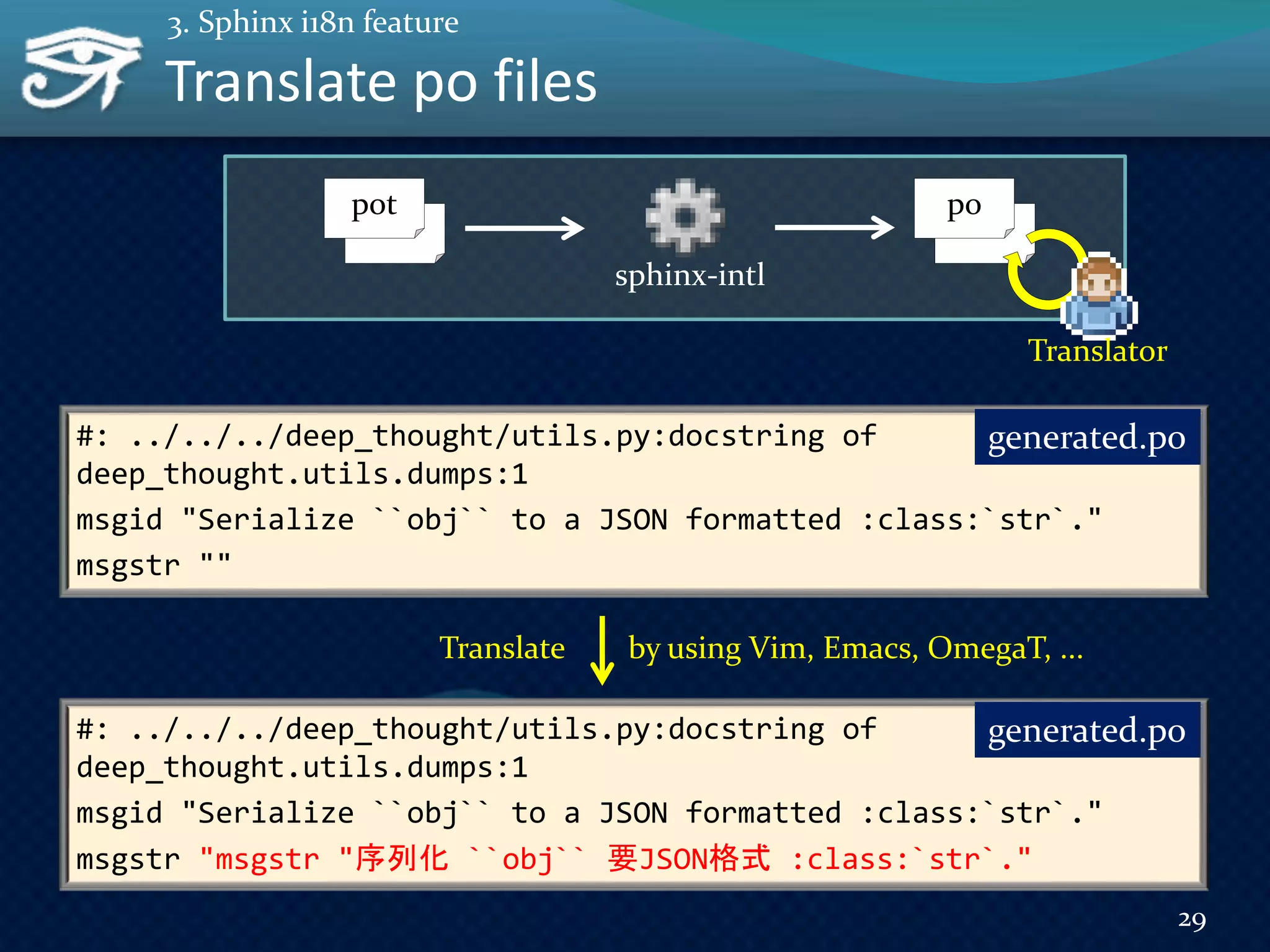 Translate po files
#: ../../../deep_thought/utils.py:docstring of
deep_thought.utils.dumps:1
msgid "Serialize ``obj`` to a JSON formatted :class:`str`."
msgstr ""
generated.po
pot po
sphinx-intl
Translator
#: ../../../deep_thought/utils.py:docstring of
deep_thought.utils.dumps:1
msgid "Serialize ``obj`` to a JSON formatted :class:`str`."
msgstr "msgstr "序列化 ``obj`` 要JSON格式 :class:`str`."
generated.po
Translate by using Vim, Emacs, OmegaT, ...
29
3. Sphinx i18n feature
 