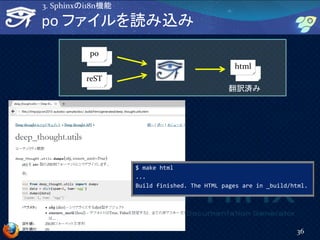 po ファイルを読み込み
36
3. Sphinxのi18n機能
reST
html
po
翻訳済み
$ make html
...
Build finished. The HTML pages are in _build/html.
 