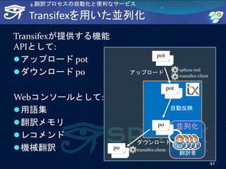 Transifexを用いた並列化
Transifexが提供する機能
APIとして:
アップロード pot
ダウンロード po
Webコンソールとして:
用語集
翻訳メモリ
レコメンド
機械翻訳
42
4.翻訳プロセスの自動化と便利なサービス
po
翻訳者
並列化
pot
アップロード
pot
自動反映
sphinx-intl
transifex-client
po transifex-client
ダウンロード
 