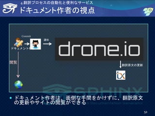ドキュメント作者の視点
 ドキュメント作者は、面倒な手間をかけずに、翻訳原文
の更新やサイトの閲覧ができる
翻訳原文の更新
ドキュメント作者
通知
閲覧
Commit
52
4.翻訳プロセスの自動化と便利なサービス
 