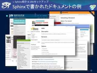 Sphinxで書かれたドキュメントの例
 Python ライブラリ/ツール:
Python, Sphinx, Flask, Jinja2, Django,
Pyramid, SQLAlchemy, Numpy, SciPy,
scikit-l...