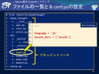 ファイルの一覧と & conf.pyの設定
$ tree /path/to/deepthought
+- deep_thought
| +- __init__.py
| +- api.py
| +- calc.py
| +- utils.py
+- doc
| +- _build/
| | +- html/
| +- _static/
| +- _template/
| +- conf.py
| +- index.py
| +- make.bat
| +- Makefile
+- setup.py
21
1. Sphinx紹介 & i18nセットアップ
ドキュメントソース
Document build output
Target library for doc1. ...
2.
3. language = 'ja'
4. locale_dirs = ['locale']
5.
doc/conf.py
 