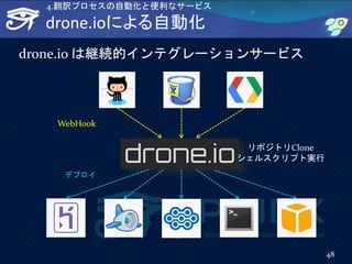 drone.ioによる自動化
48
WebHook
デプロイ
リポジトリClone
シェルスクリプト実行
drone.io は継続的インテグレーションサービス
4.翻訳プロセスの自動化と便利なサービス
 