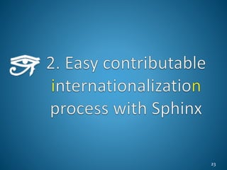 Easy contributable
internationalization
process with Sphinx
24
 