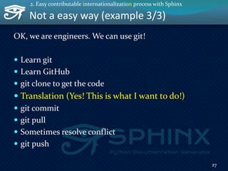 Not a easy way (example 3/3)
OK, we are engineers. We can use git!
 Learn git
 Learn GitHub
 git clone to get the code
 Translation (Yes! This is what I want to do!)
 git commit
 git pull
 Sometimes resolve conflict
 git push
27
2. Easy contributable internationalization process with Sphinx
 