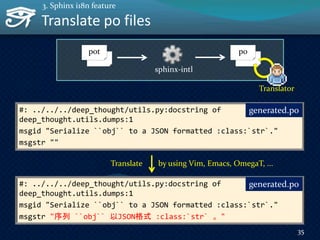 Translate po files
#: ../../../deep_thought/utils.py:docstring of
deep_thought.utils.dumps:1
msgid "Serialize ``obj`` to a JSON formatted :class:`str`."
msgstr ""
generated.po
pot po
sphinx-intl
Translator
#: ../../../deep_thought/utils.py:docstring of
deep_thought.utils.dumps:1
msgid "Serialize ``obj`` to a JSON formatted :class:`str`."
msgstr "序列 ``obj`` 以JSON格式 :class:`str` 。"
generated.po
Translate by using Vim, Emacs, OmegaT, ...
35
3. Sphinx i18n feature
 