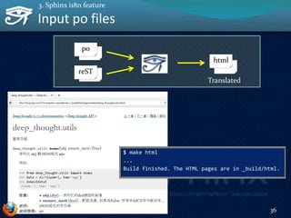 Input po files
36
3. Sphinx i18n feature
reST
html
po
Translated
$ make html
...
Build finished. The HTML pages are in _build/html.
 