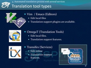 Translation tool types
 Vim / Emacs (Editors)
 Edit local files
 Translation support plugins are available.
 OmegaT (Translation Tools)
 Edit local files.
 Translation support features.
 Transifex (Services)
 Edit online
 Translation support
features.
41
4. Automated translation process with several services
po
Translators
To Be
Parallel
 