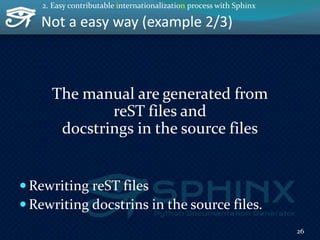 Not a easy way (example 2/3)
The manual are generated from
reST files and
docstrings in the source files
 Rewriting reST ...