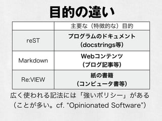 目的の違い 
記法主要な（特徴的な）目的 
reST プログラムのドキュメント 
（docstrings等） 
Markdown Webコンテンツ 
（ブログ記事等） 
Re:VIEW 紙の書籍 
（コンピュータ書等） 
広く使われる記法には「強いポリシー」がある 
（ことが多い。cf. “Opinionated Software”） 
 