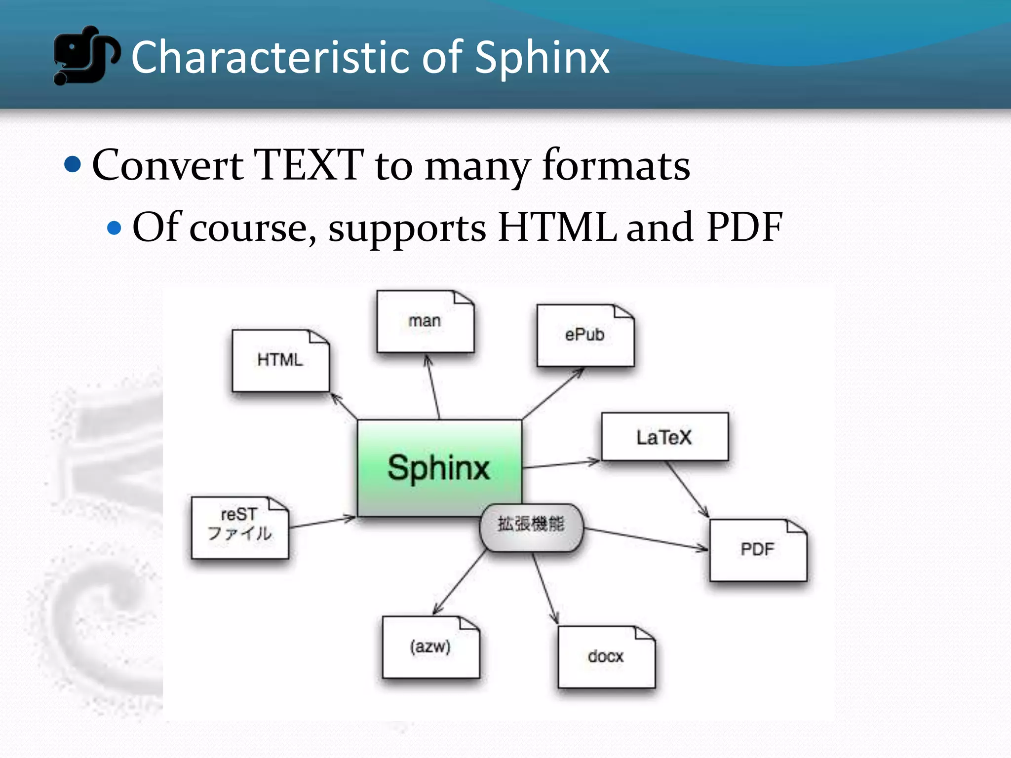 Characteristic of Sphinx

 Convert TEXT to many formats
   Of course, supports HTML and PDF
 
