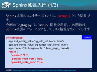 Sphinx拡張入門 (1/3)
Sphinx拡張のエントリーポイントは、 setup() という関数で
す。
今回は `ogtag.py` に `setup` 関数を用意。この関数は、
Sphinx拡張のセットアップをして、メタ情報をリターンします
20
def setup(app):
app.add_config_value('og_site_url', None, 'html')
app.add_config_value('og_twitter_site', None, 'html')
app.connect('html-page-context', html_page_context)
return {
'version': '0.1',
'parallel_read_safe': True,
'parallel_write_safe': True,
}
Spec: http://www.sphinx-doc.org/en/master/extdev/tutorial.html#the-setup-function
ogtag.py
 