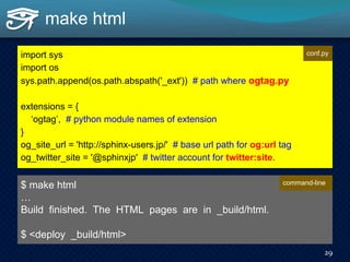 make html
29
import sys
import os
sys.path.append(os.path.abspath('_ext')) # path where ogtag.py
extensions = {
‘ogtag’, # python module names of extension
}
og_site_url = 'http://sphinx-users.jp/' # base url path for og:url tag
og_twitter_site = '@sphinxjp' # twitter account for twitter:site.
conf.py
$ make html
…
Build finished. The HTML pages are in _build/html.
$ <deploy _build/html>
command-line
 