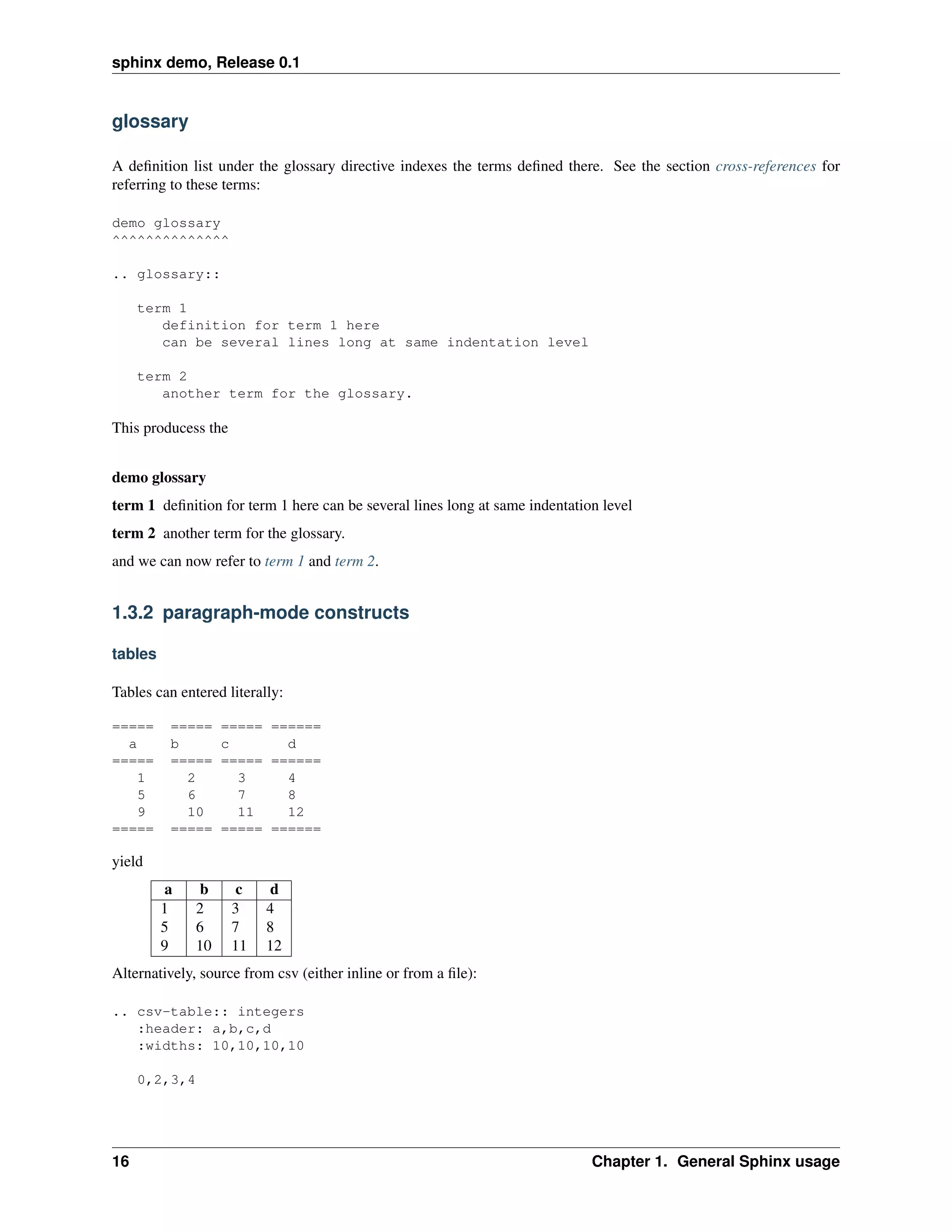 sphinx demo, Release 0.1


glossary

A deﬁnition list under the glossary directive indexes the terms deﬁned there. See the section cross-references for
referring to these terms:

demo glossary
^^^^^^^^^^^^^^

.. glossary::

     term 1
        definition for term 1 here
        can be several lines long at same indentation level

     term 2
        another term for the glossary.

This producess the


demo glossary
term 1 deﬁnition for term 1 here can be several lines long at same indentation level
term 2 another term for the glossary.
and we can now refer to term 1 and term 2.


1.3.2 paragraph-mode constructs

tables

Tables can entered literally:

=====    =====      ===== ======
  a      b          c       d
=====    =====      ===== ======
   1       2          3     4
   5       6          7     8
   9       10         11    12
=====    =====      ===== ======

yield
         a     b     c     d
         1     2     3    4
         5     6     7    8
         9     10    11   12
Alternatively, source from csv (either inline or from a ﬁle):

.. csv-table:: integers
   :header: a,b,c,d
   :widths: 10,10,10,10

     0,2,3,4




16                                                                           Chapter 1. General Sphinx usage
 