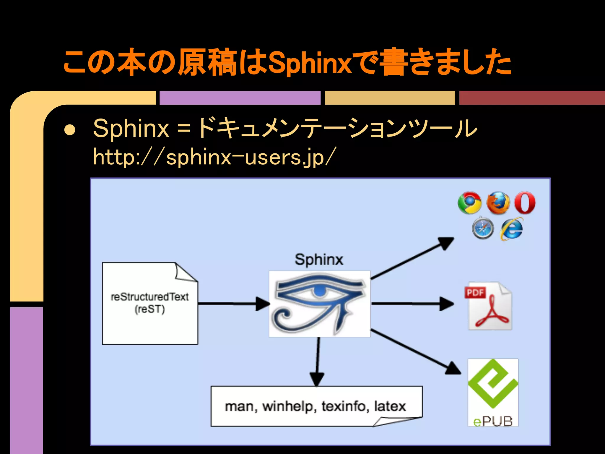 この本の原稿はSphinxで書きました

● Sphinx = ドキュメンテーションツール
  http://sphinx-users.jp/
 