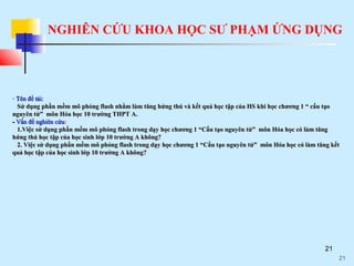NGHIÊN CỨU KHOA HỌC SƯ PHẠM ỨNG DỤNG
21
- Tên đề tài:Tên đề tài:
SSửử ddụngụng phần mềm mô phỏng flash nhằm lphần mềm mô phỏng flash nhằm làmàm ttăăng hứng thú và kết quả học tập của HS khing hứng thú và kết quả học tập của HS khi họchọc chương 1 “ cấu tạochương 1 “ cấu tạo
nguyên tử”nguyên tử” mônmôn Hóa học 10Hóa học 10 trường THPTtrường THPT A.A.
-- Vấn đề nghiên cứuVấn đề nghiên cứu:
1.Việc sử dụng1.Việc sử dụng phần mềm mô phỏng flashphần mềm mô phỏng flash trong dạytrong dạy họchọc chương 1 “Cấu tạo nguyên tử”chương 1 “Cấu tạo nguyên tử” mônmôn Hóa họcHóa học có làm tăngcó làm tăng
hhứng thúứng thú học tập của họchọc tập của học sinh lớp 10 trường A không?sinh lớp 10 trường A không?
2. Việc sử dụng2. Việc sử dụng phần mềm mô phỏng flashphần mềm mô phỏng flash trong dạytrong dạy họchọc chương 1 “Cấu tạo nguyên tử”chương 1 “Cấu tạo nguyên tử” mônmôn Hóa họcHóa học có làm tăng kếtcó làm tăng kết
quả học tập của học sinh lớp 10 trường A không?quả học tập của học sinh lớp 10 trường A không?
21
 