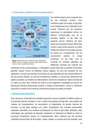 34
1 - Présentation et définition de ce concept récent :
De manière toujours plus croissante lors
de ces dernières années, nous
entendons parler de la data, du big data,
et de l’importance de s’y intéresser et d’y
investir. Présenté par de nombreux
organismes et spécialistes comme un
élément incontournable issu de la
transition digitale, le big data est
présenté comme l’élément clé dans
lequel les entreprises doivent désormais
investir si elles veulent générer du chiffre
d’affaires et obtenir de nouvelles sources
de retours sur investissement, afin de
correctement prendre le virage
numérique. Le big data, c’est la
multitude de données générées de
différentes manières par l’activité des
entreprises et des consommateurs. L’infographie ci-jointe démontre la quantité de données
générée chaque minute via différents canaux digitaux. Ce qu’il est important de dire
également, c’est que ces données sont de plus en plus générées par des consommateurs et
par des canaux mobiles, qui sont les smartphones, tablettes, ou encore plus récemment les
objets connectés, qui tendent à se démocratiser. Comme le smartphone, l’objet connecté est
un objet qui entre dans l’intimité de chacun et est également susceptible de donner de
précieuses données personnelles propres à chaque consommateur, comme le démontre
aujourd’hui le secteur de la santé qui se transforme grâce aux objets connectés.
a. Qu’est-ce que le big data ?
Pour beaucoup, le big data est considéré aujourd’hui comme le pétrole du XXIème siècle, et
la prochaine grande révolution à venir. Quand nous parlons de big data, nous parlons de
collecte, de compréhension, de structuration et d’exploitation de grands volumes de
données. Le big Data implique une notion d’exploitation des données personnelles
collectées, permettant une meilleure connaissance du client et des cibles. Maitrisée, cette
technologie peut permettre de décupler rapidement et facilement la fidélité du client et
provoquer d’importants retours sur investissements. Nous noterons que les données
collectées peuvent êtres de tous types : textes, images, ou encore sons par exemple, mais
Source: Statisticbrain.com, internet live stats on Facebook,
Twitter, YouTube, Instagram, Pinterest, Apple, Netflix, Reddit,
Amazon, Tinder, Buzzfeed and Statista
 