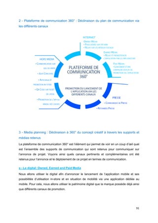 91
2 - Plateforme de communication 360° : Déclinaison du plan de communication via
les différents canaux
3 - Media planning : Déclinaison à 360° du concept créatif à travers les supports et
médias retenus
La plateforme de communication 360° est l’élément qui permet de voir en un coup d’œil quel
est l’ensemble des supports de communication qui sont retenus pour communiquer sur
l’annonce de projet. Voyons ainsi quels canaux pertinents et complémentaires ont été
retenus pour l’annonce et le déploiement de ce projet en termes de communication.
a - Le digital: Owned, Earned and Paid Media
Nous allons utiliser le digital afin d’annoncer le lancement de l’application mobile et ses
possibilités d’utilisation in-store et en situation de mobilité via une application dédiée au
mobile. Pour cela, nous allons utiliser le patrimoine digital que la marque possède déjà ainsi
que différents canaux de promotion.
 